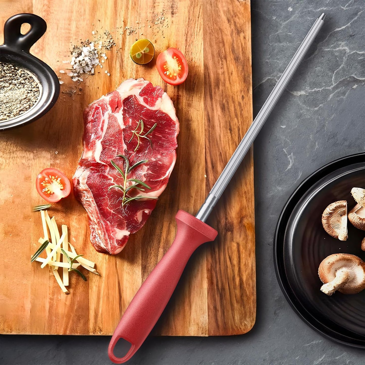 Knife Sharpener Rod, Kitchen Knives Sharpener Carbon Steel Professional Knife Sharpening Steel, Red Diamond Honing Rod with Hanging Holes (13 inches)