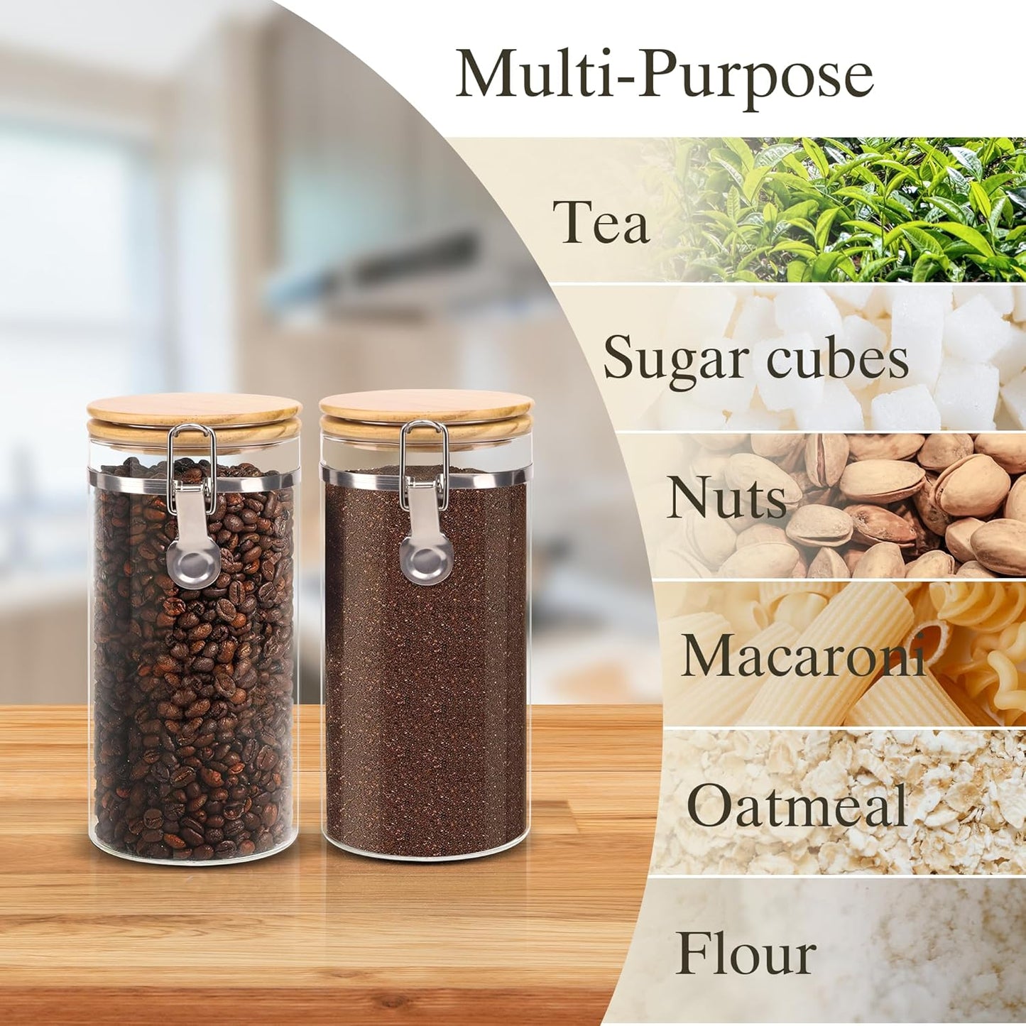 Glass Storage Jars Set Elegant Containers with Airtight Bamboo Lids, Perfect for Kitchen Organization - Flour, Rice, Pasta, Sugar, Coffee Beans, Accessories Included (Coffee Jar x 2)