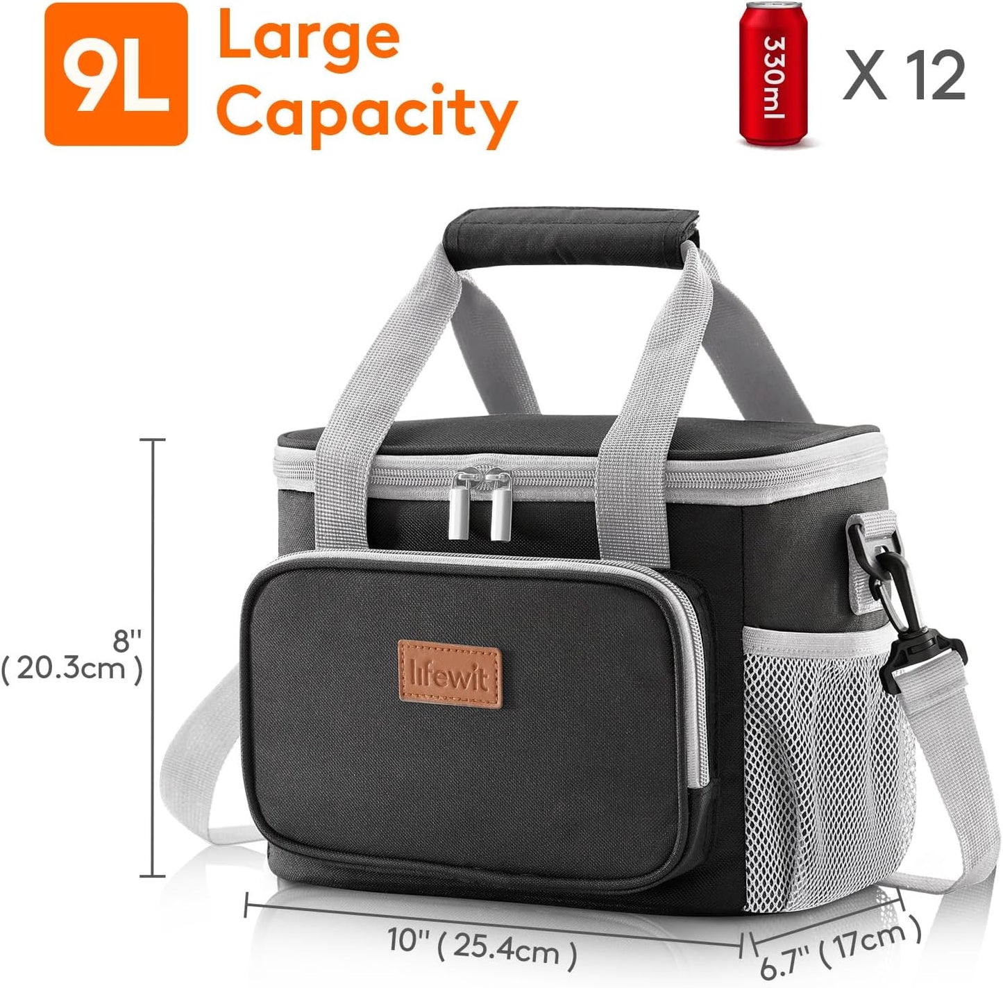Lifewit Medium Lunch Bag Insulated Lunch Box Soft Cooler Cooling Tote for Adult Men Women, Gray and Black 12-Can (9L)
