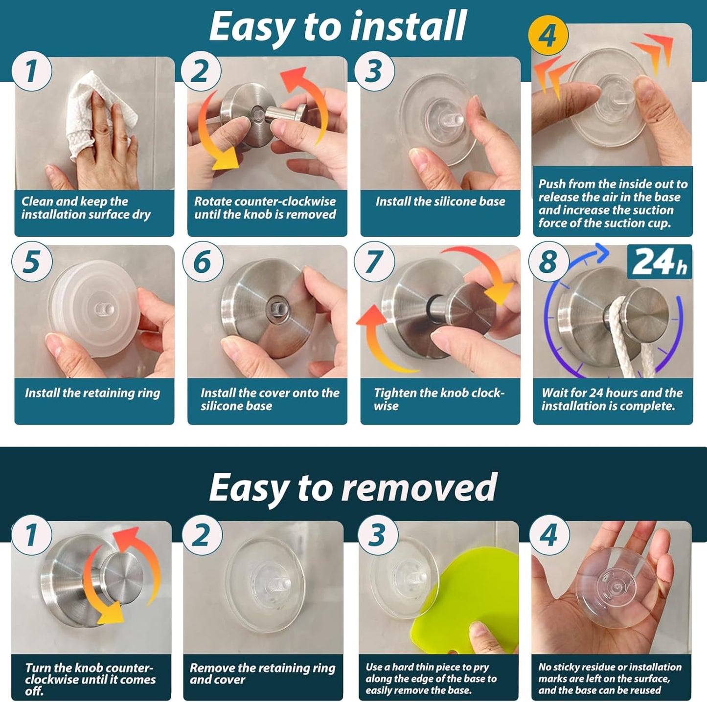 Suction Cup Hooks for Shower, 4 PCS No-Drill Towel Holder for Bathrooms Wall, Glass Door, Mirror, Tiles, Kitchen, Hold Robe & Wreath, Hanging up to 15 lbs – Waterproof & Rustproof, Loofah-Silver