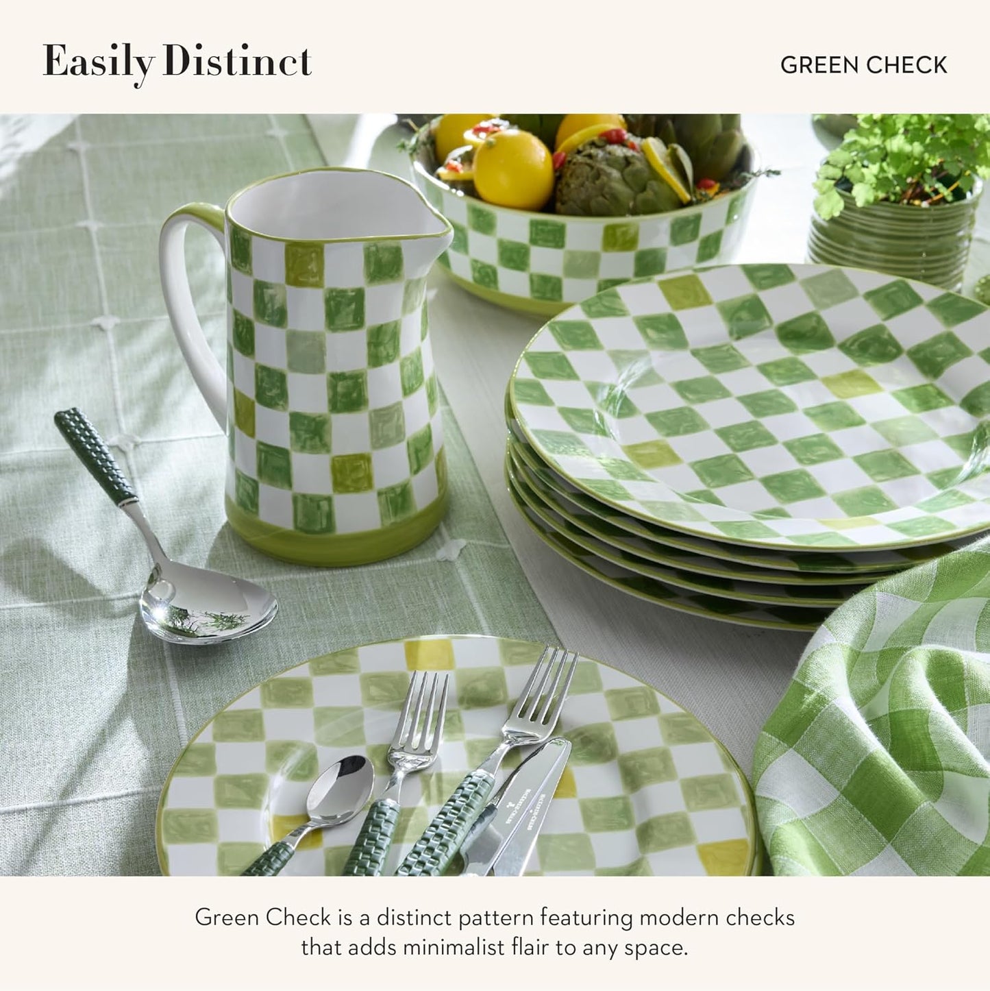 MACKENZIE-CHILDS Round Platter, Dishwasher-Safe and Microwave-Safe Stoneware Serving Platter, Green Check