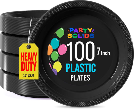 Exquisite Party Solids Black Plastic Plates For Party 7" Black Disposable Plates Heavy Duty Supplies 100 Pcs Plastic Dinnerware Sets Heavy Duty 350 GSM Disposable Dinnerware Set