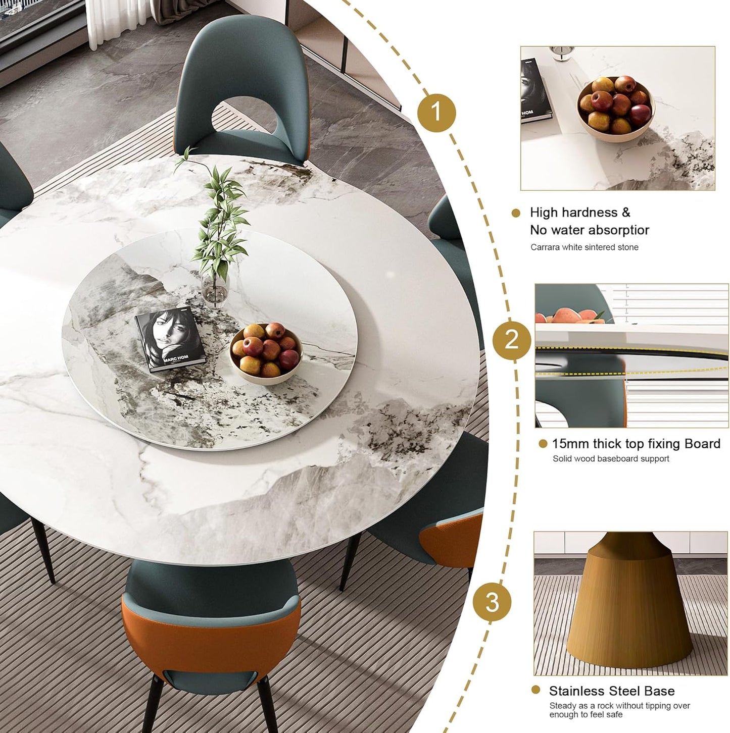 Montary 59" Modern Artificial Marble Round Dining Table with Bronzed Stainless Steel Cone Base & 31.5" White Sintered Stone Turntable, Dining Room Table with Lazy Susan for 6-8 (Only Table)