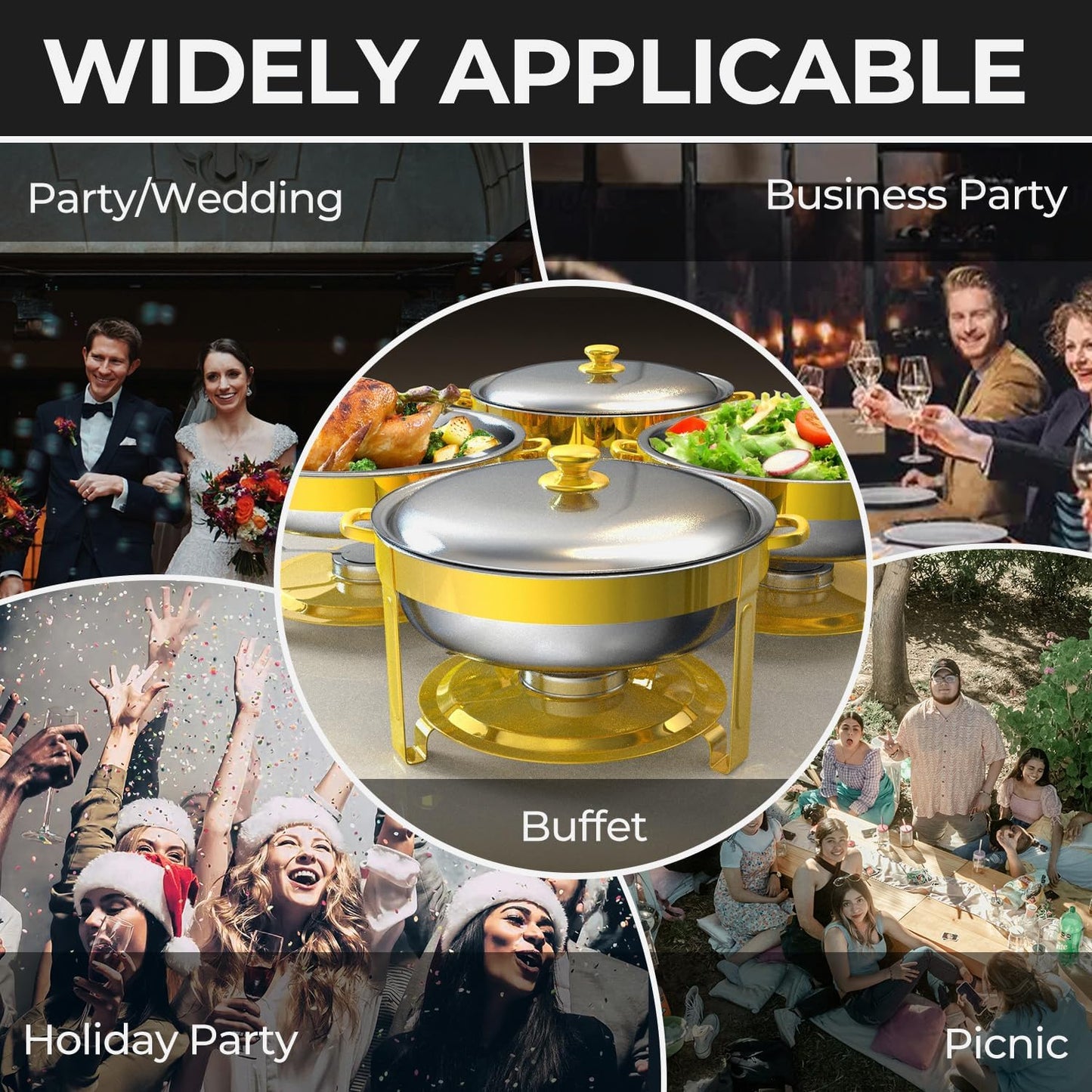 Chafing Dishes Buffet Set 4 Pack 6QT, Stainless Steel Food Warmers for Catering, Parties & Events, Gold and Silver Colors Chafing Dish Buffet Set