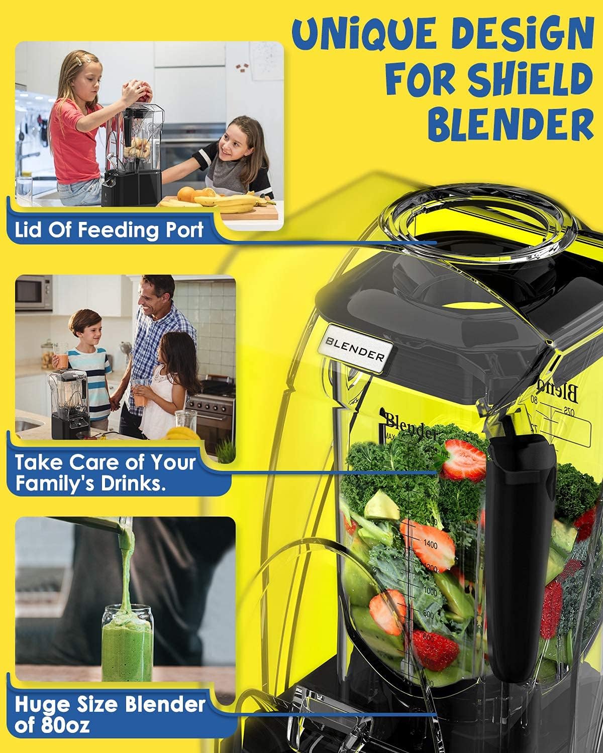 CRANDDI Quiet Commercial Blender with Soundproof Shield, 2200 Watt Professional Blenders for Kitchen with 80oz Jar and Self-Cleaning, High-Speed Blenders K90 Grey