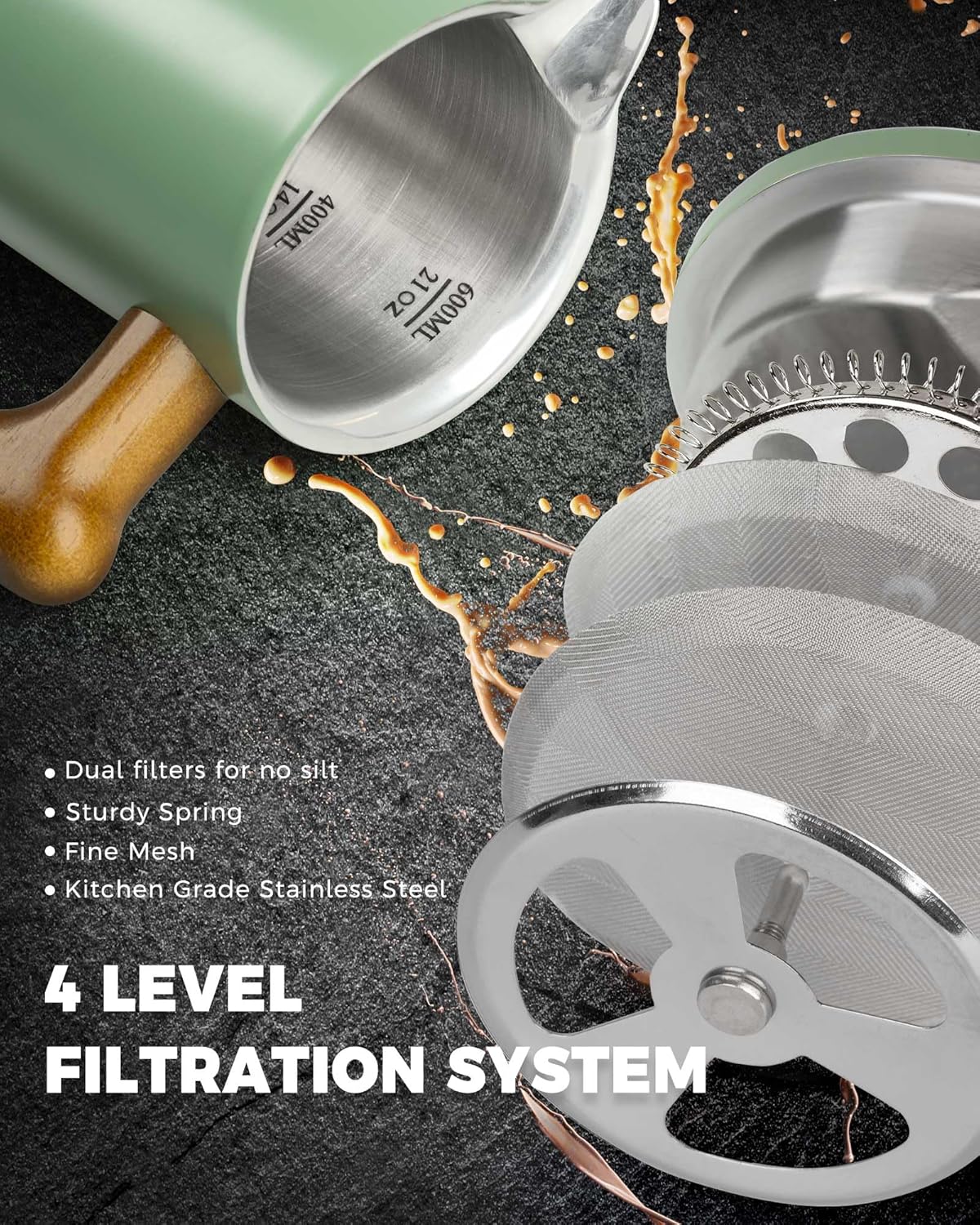 POLIVIAR French Press Coffee Maker, 21 oz Coffee Press with Real Wood Handle, Double Wall Insulation & Dual-Filter Screen, Food Grade Stainless Steel for Good Coffe and Tea, JX2024-SFPN