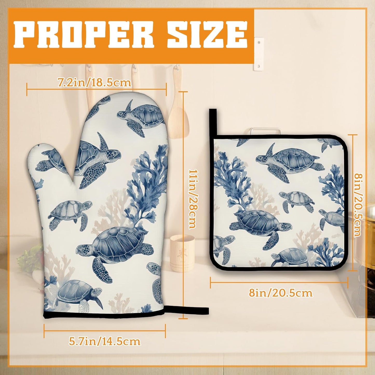 Turtle Coral Oven Mitts and Pot Holders Set,Kitchen Oven Gloves and Pot Holder with Heat Resistant Non Slip for Cooking Baking Grilling(4 Piece Set)