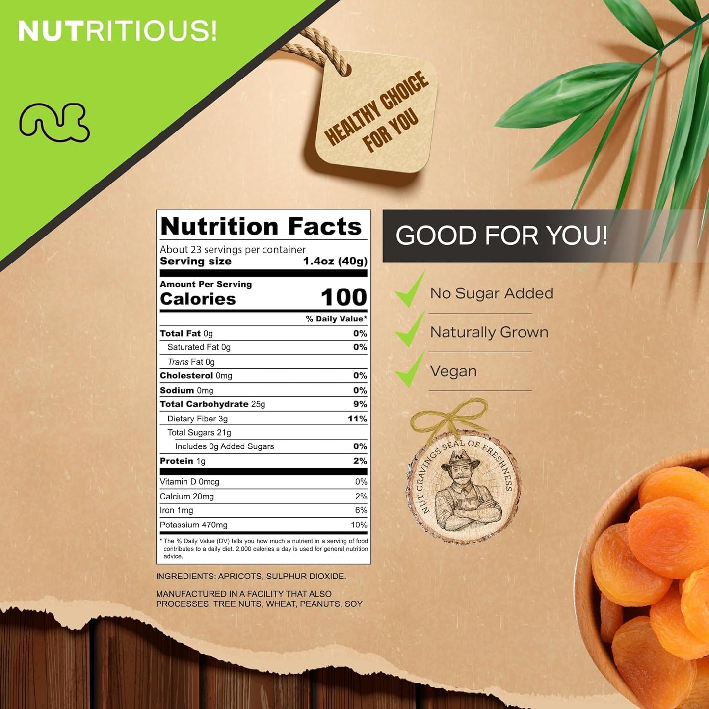 NUT CRAVINGS - Sun Dried Turkish Apricots, No Sugar Added (32oz, 2 LB) Bulk Dry Fruits Packed Fresh in Resealable Bag - Sweet Healthy Snack, Naturally Grown, Vegan, Kosher