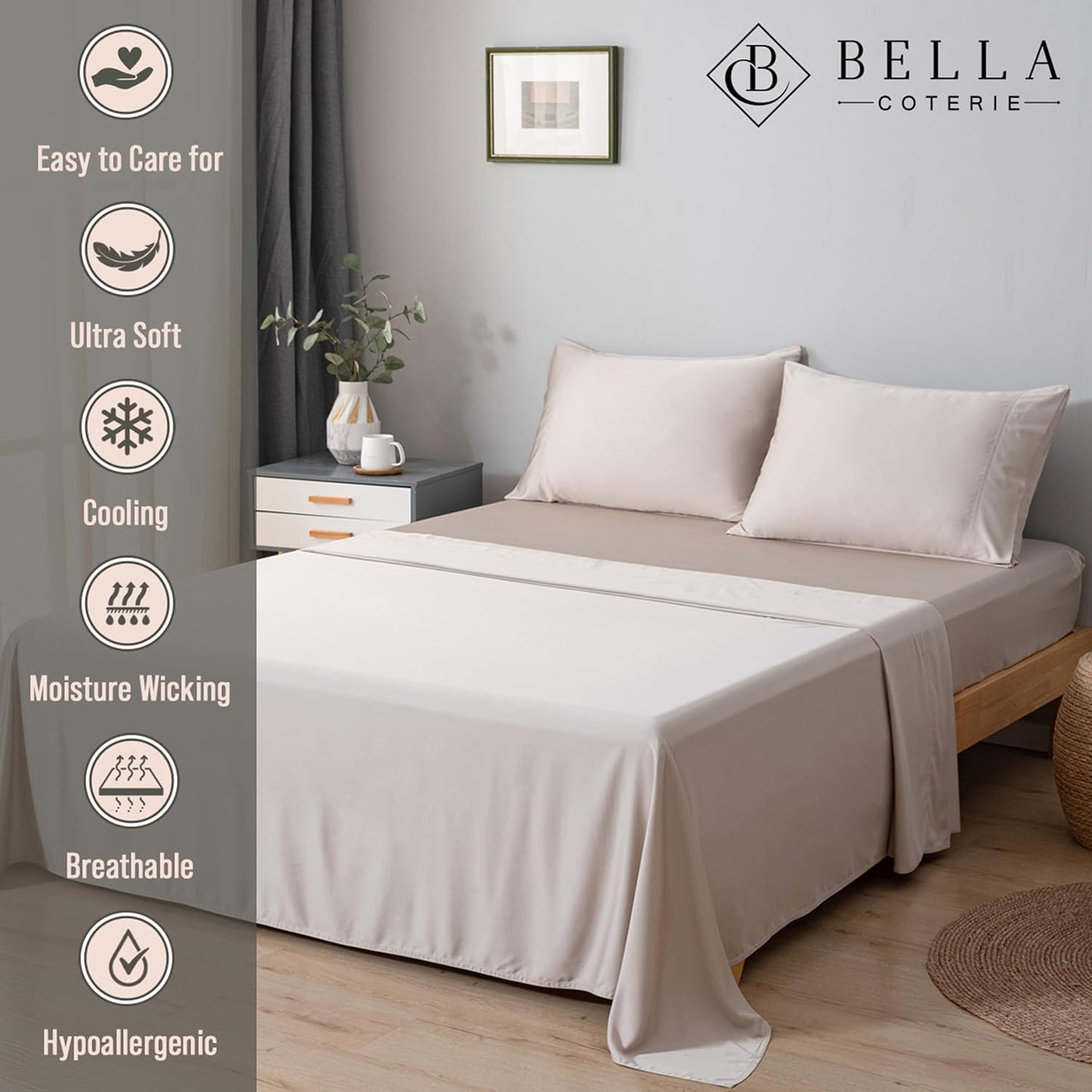 Bella Coterie Luxury Bamboo Viscose King Size Sheet Set | 100% Organically Grown | Ultra Soft | Cooling for Hot Sleepers | 18" Deep Pocket [Dune]
