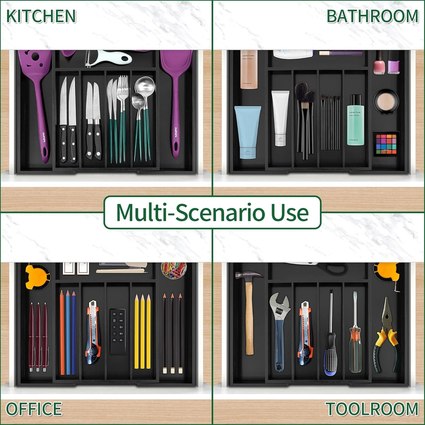 Utoplike Bamboo Silverware Drawer Organizer, Expandable Kitchen Utensils Drawer Organiser, Cutlery Tray Dividers, Flatware Caddy Drawer Insert, Office Supplies, Black 5-7 Slot