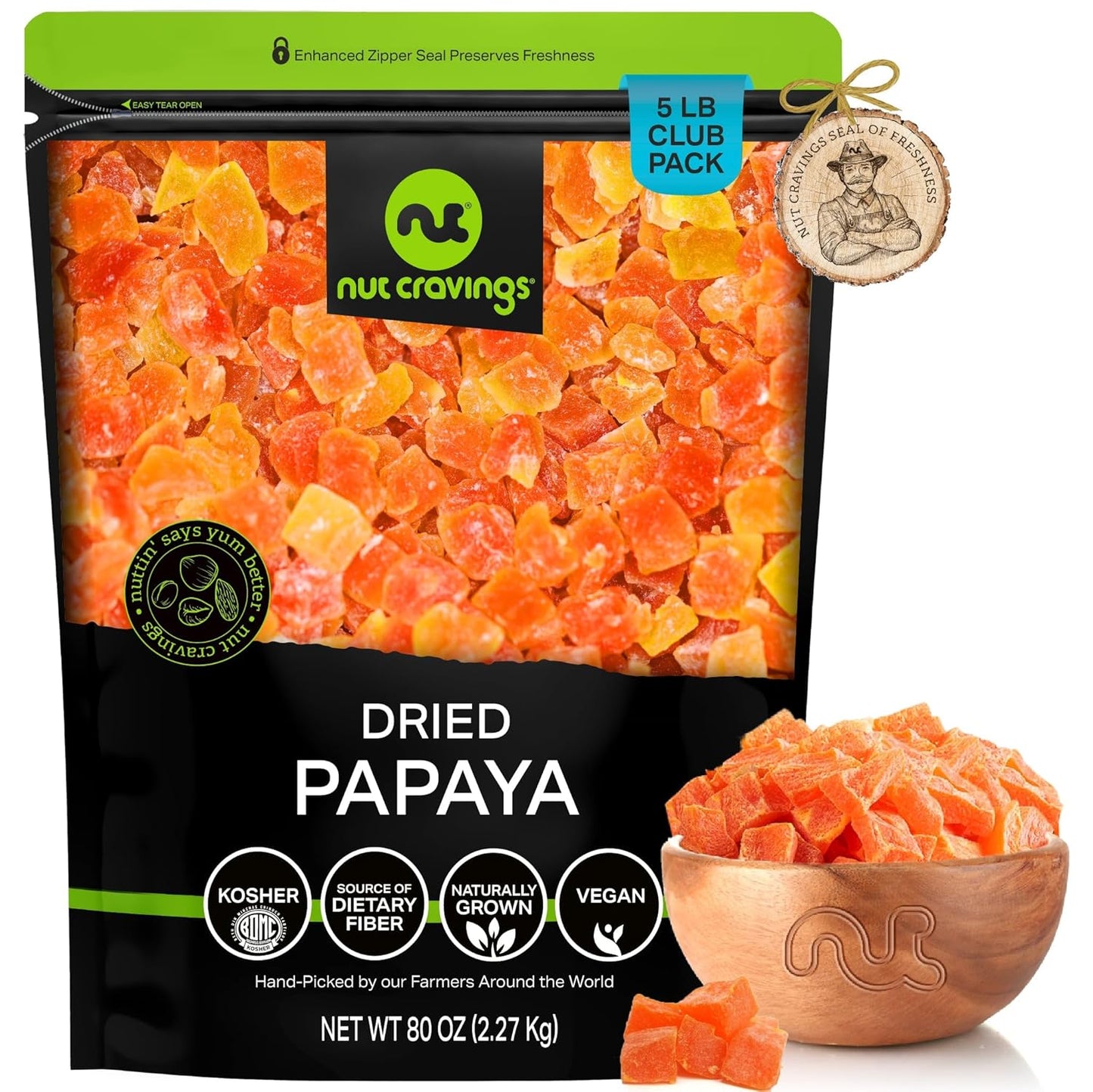NUT CRAVINGS - Sun Dried Papaya Chunks, Lightly Sweetened (80oz, 5 LB) Bulk Dry Fruits Packed Fresh in Resealable Bag - Sweet Healthy Snack, Naturally Grown, Vegan, Kosher