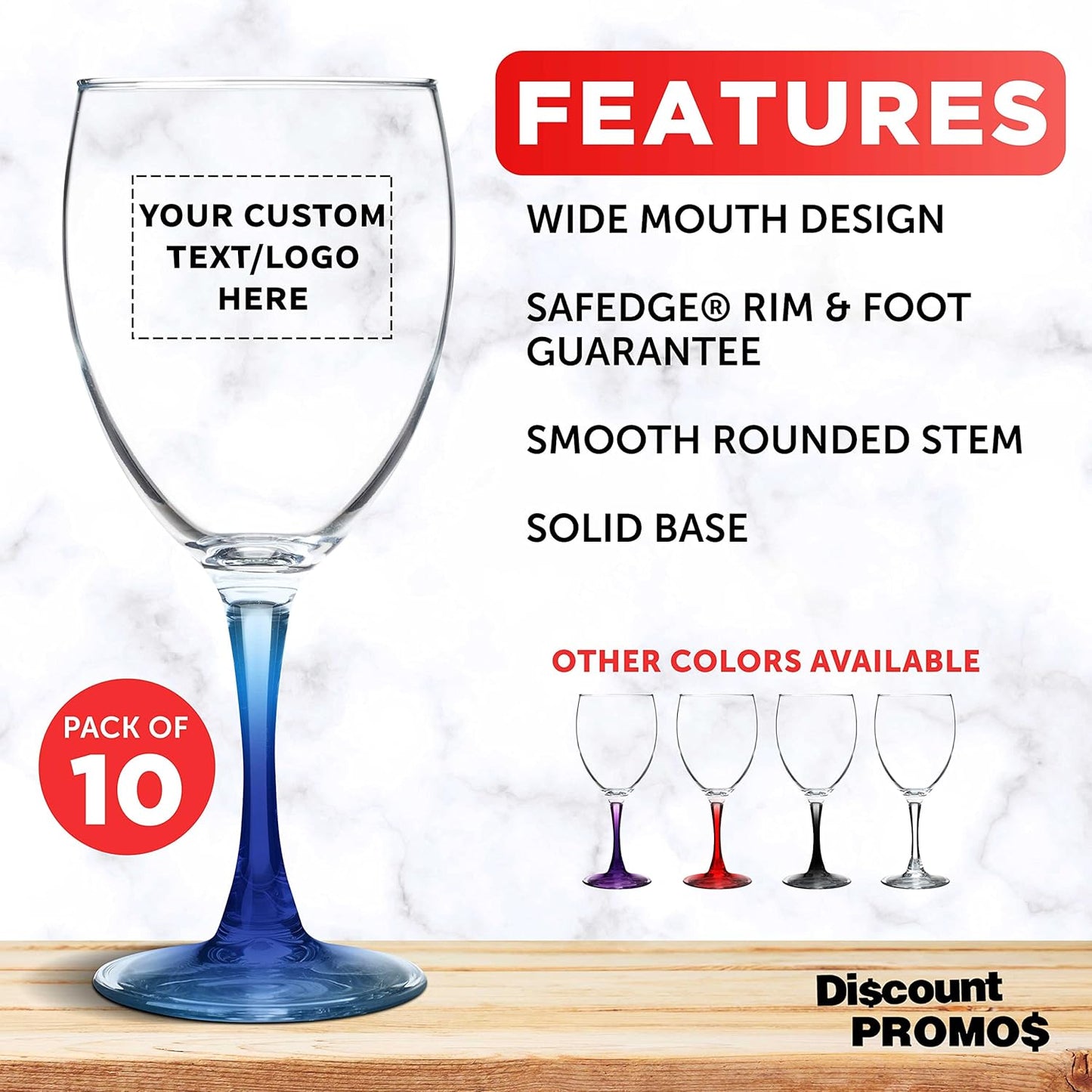 Custom Nuance Wine Glasses by ARC 10.5 oz. Set of 10, Personalized Bulk Pack - Restaurant Glassware, Perfect for Red Wine, White Wine, Cocktails - Blue