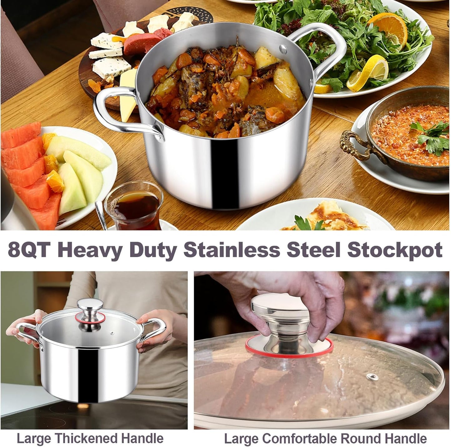 LIANYU 8QT 18/10 Stainless Steel Stock Pot with Lid, 8 Quart Stockpot with Triple Ply, Heavy Duty Big Cooking Pasta Soup Canning Induction Pot for Boiling Strew Simmer