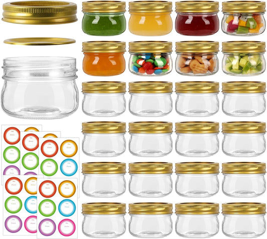4 oz Mason Jars With Gold Lids and Bands, 24 Pack Regular Mouth Canning Jars for Jam, Honey, Yogurt, Candy, Spices, Snacks, DIY Projects, Wedding Favors- Includes 30 Stickers