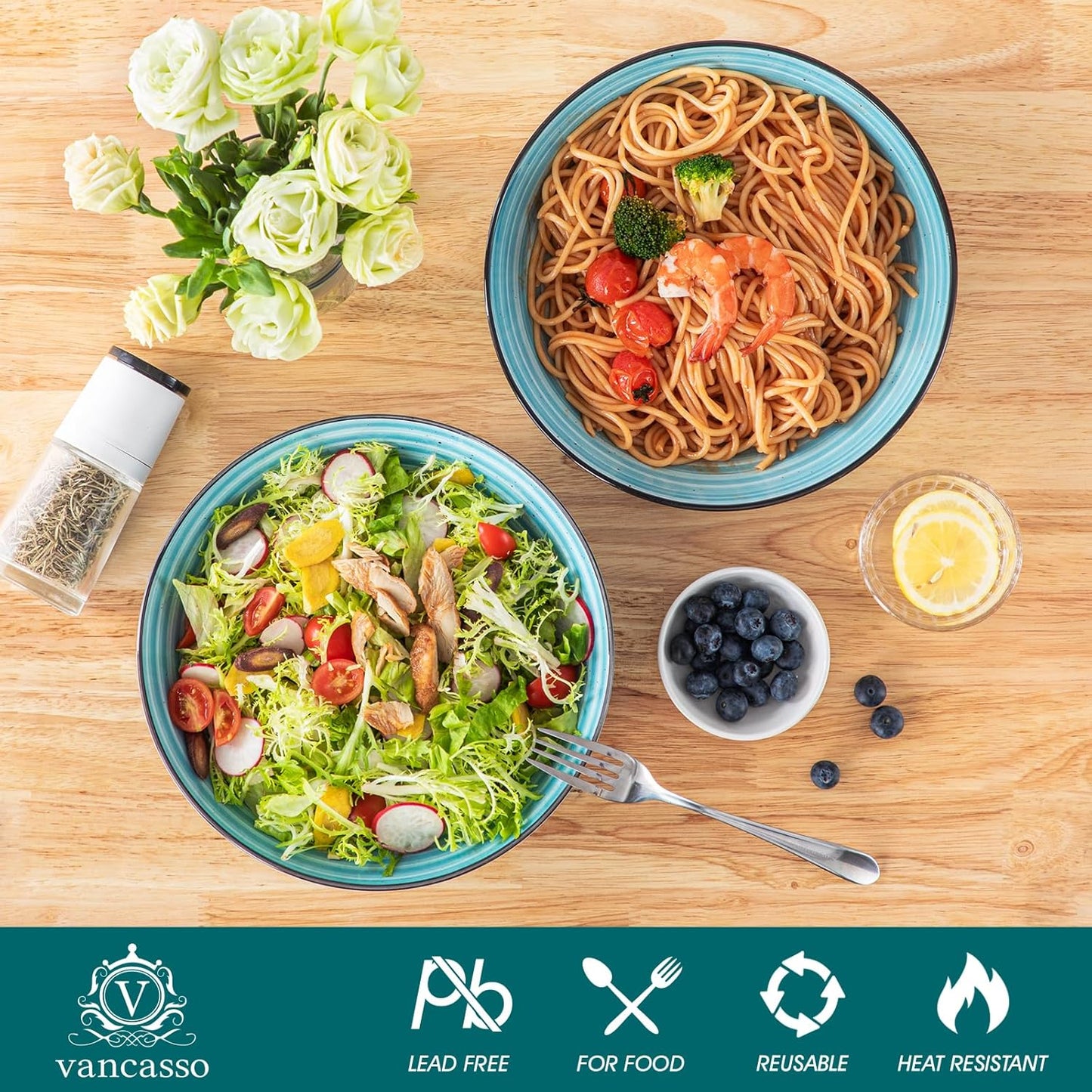 vancasso Bonbon Large Pasta Bowls Set of 6, 50 Oz Ceramic Salad Bowls, Wide and Shallow Bowls Set, Large Serving Bowls for Kitchen, Blue