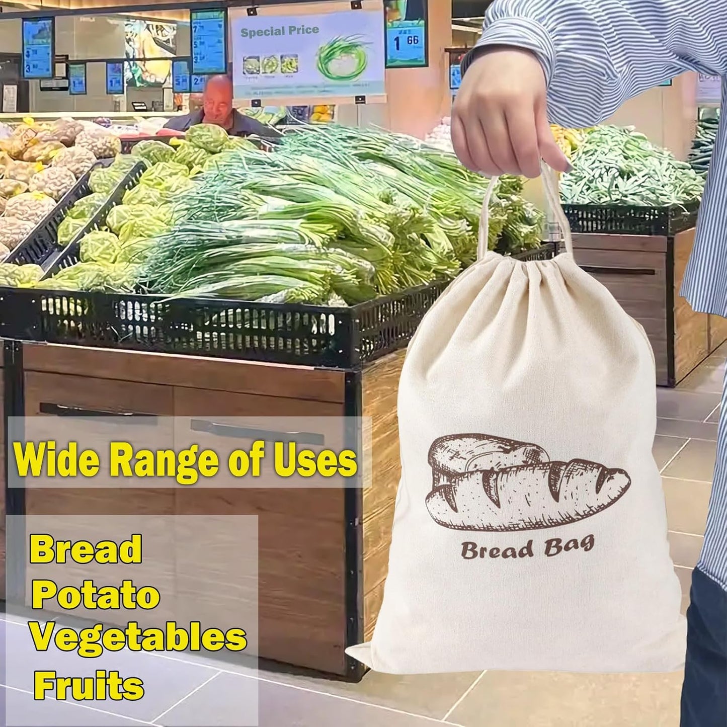 Bread Bag with Inside Lining, 2 Pack Reusable Linen Bread Storage Bags, 11.75" x 11.5" Homemade Bun Container, Double Drawstring Closure for Fruit and Baguette, Artisan Bread Storage