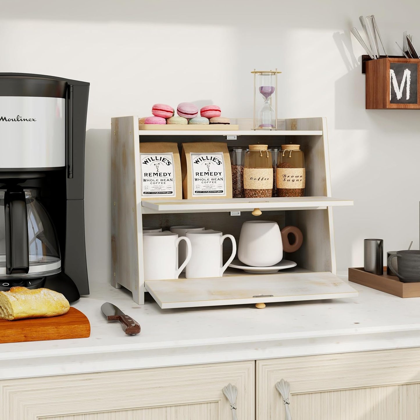 Vintage Double Layer Bread Box for Kitchen Counter Bamboo Bread Storage Container Large Capacity Bread Storage Bin (Antique White)