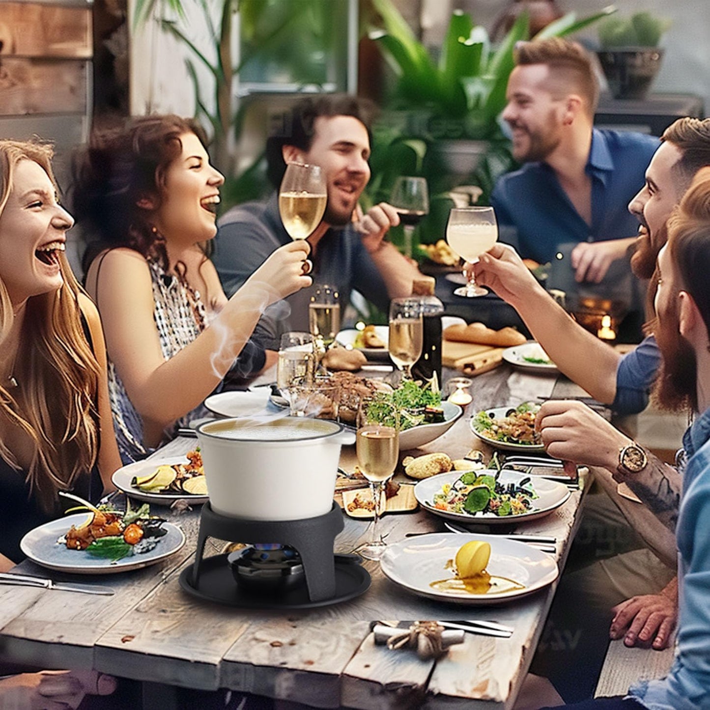 Artestia Cast Iron Fondue Pot Set for Chocolate Cheese Swiss Fondue Set for Meat with 6 Fondue Forks, Cheese Camping Fondue Set Serve 6 Persons(White)