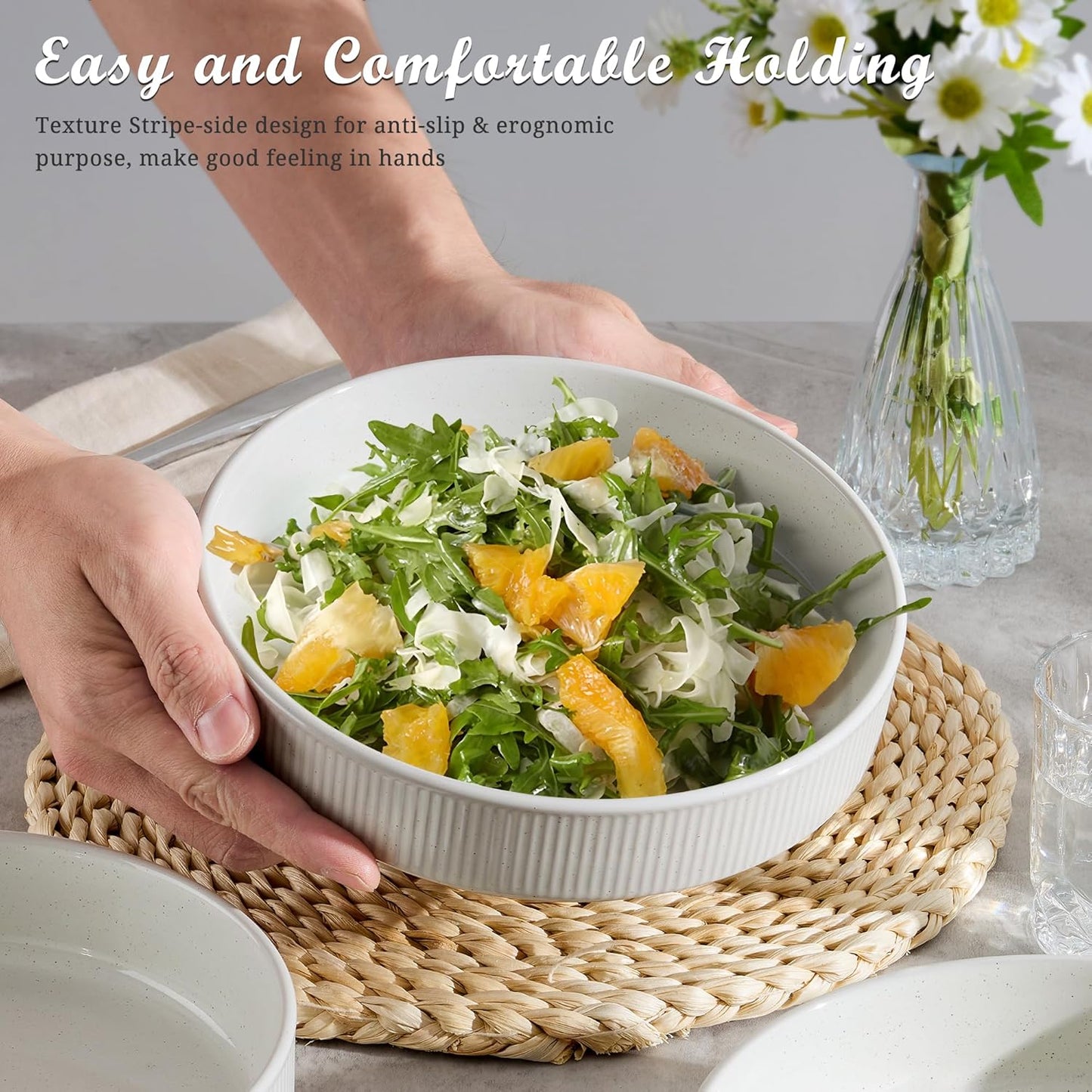 E-far Pasta Bowls Set of 4, 35oz Large Salad Bowl Plate for Dinner Serving Soup, Wide & Shallow Ceramic Stoneware Pasta Plates, Microwave & Dishwasher Safe, Textured Stripes & Speckled White, 8”