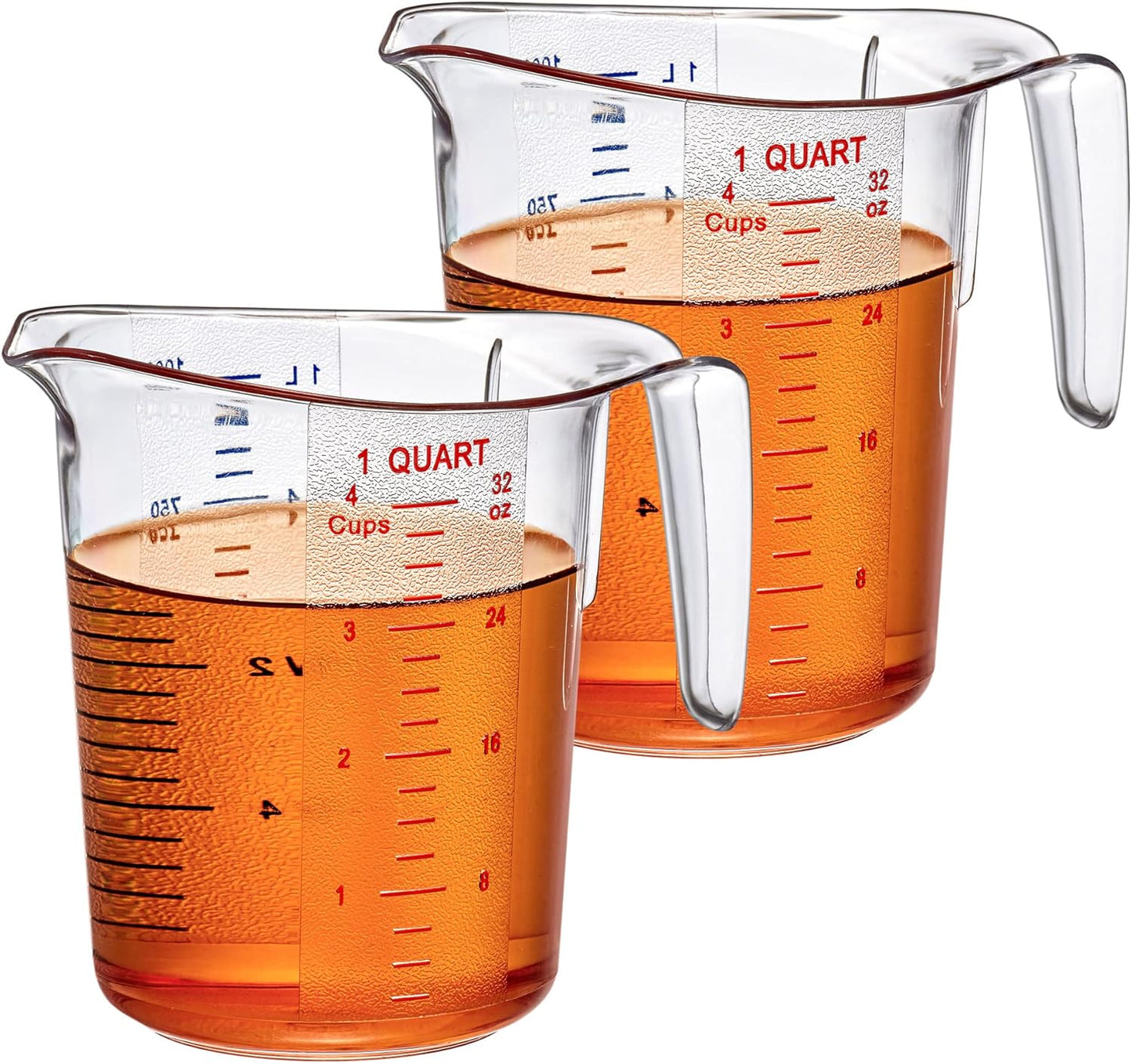 Amazing Abby - Melissa - 32-Ounce Plastic Measuring Pitcher (2-Pack), 4-Cup (1-Quart) Food-Grade Measuring Jug, Unbreakable, Stackable, Dishwasher-Safe, Great for Oil, Vinegar, Flour, and More