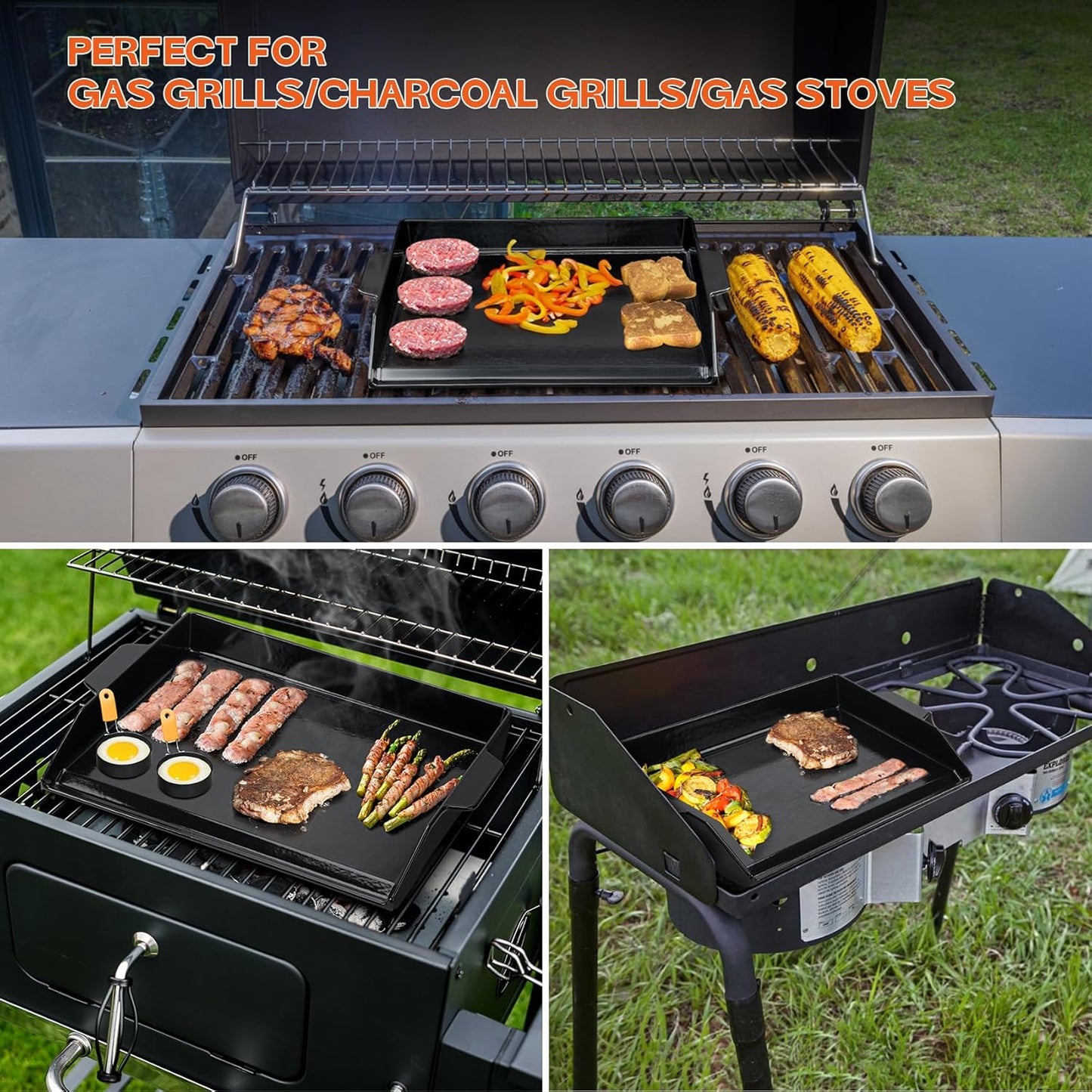 Onlyfire Universal Enamelled Cast Iron Cooking Griddle, Nonstick Coating Griddle Flat Top Grill Plate with Extra High Sidewalls for All Gas Grills and Range Oven, 18.5" x 14"