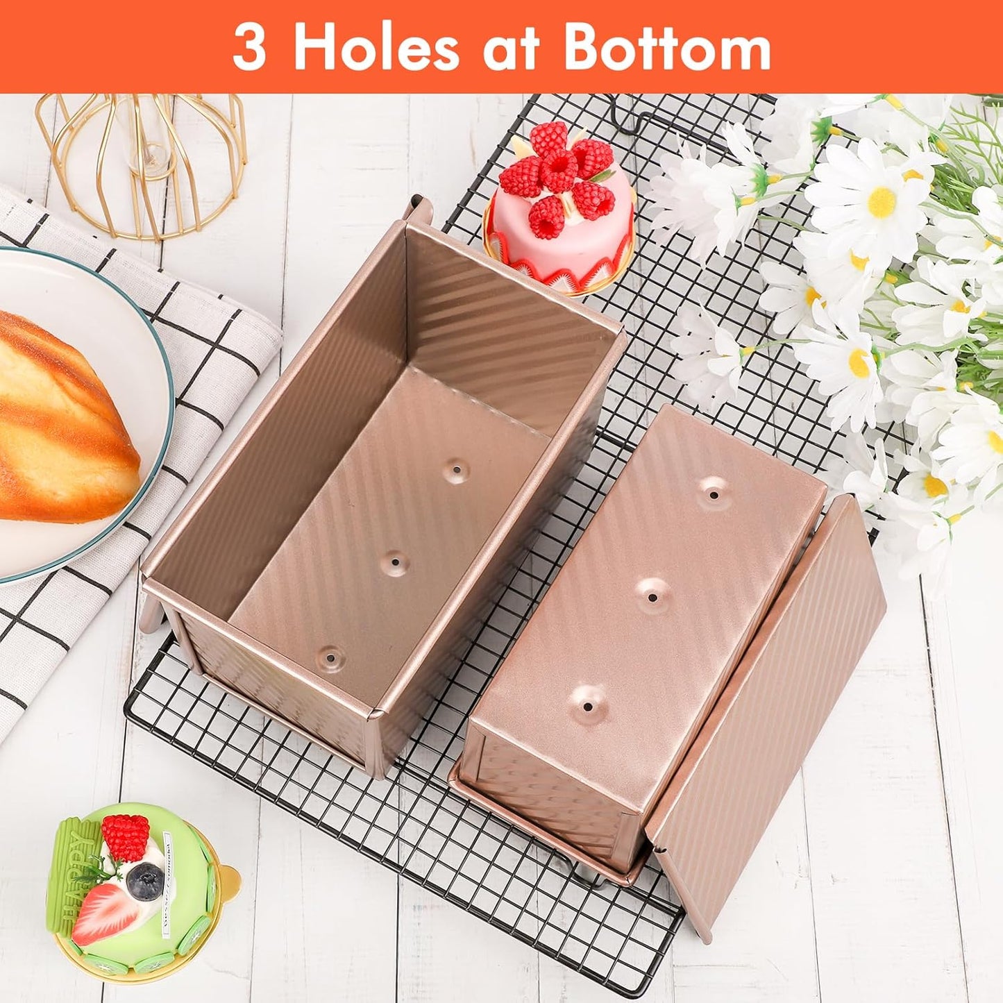 Beasea Pullman Loaf Pan with Lid, 2 Pack Non-Stick Bread Loaf Pans for Homemade Bread 1 lb & 0.5 lb Carbon Steel Bread Toast Box with Dough Scraper for Bread Toast Oven Baking - Rose Gold