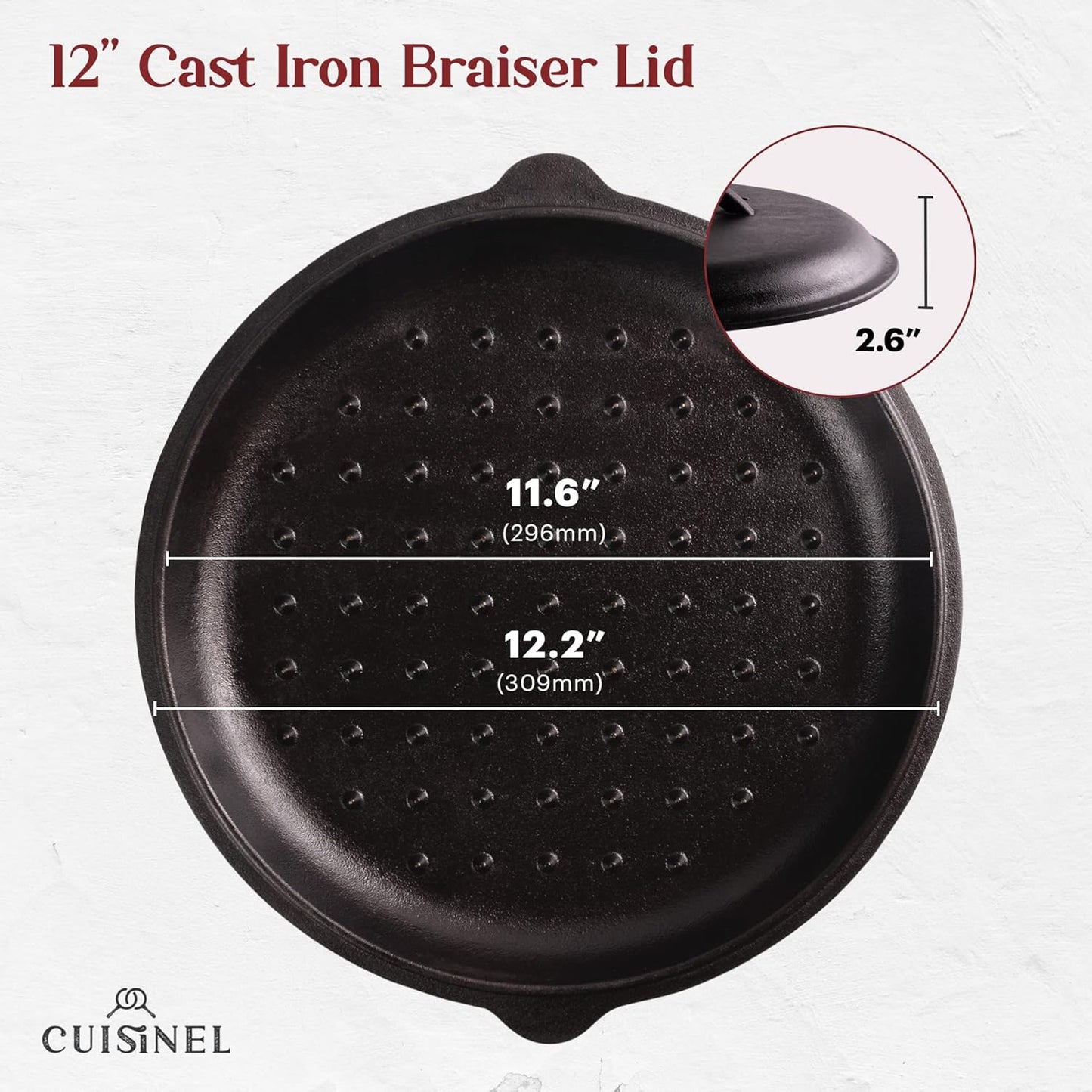 Cuisinel Cast Iron Lid - Fits 12"-Inch / 30.48-cm Lodge Skillet Frying Pans or Braiser + Silicone Handle Holder + Care Guide - Pre-Seasoned Replacement Cover - Indoor/Outdoor, Oven, Fire, BBQ Safe