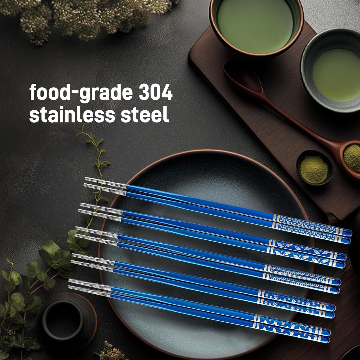 Metal Chopsticks Reusable 5 Pairs Stainless Steel Chopsticks Japanese Chinese Korean Metal Chop Sticks Dishwasher Safe Non Slip Cute Laser Engraved 9.25 Inch for Cooking Eating Gift Set