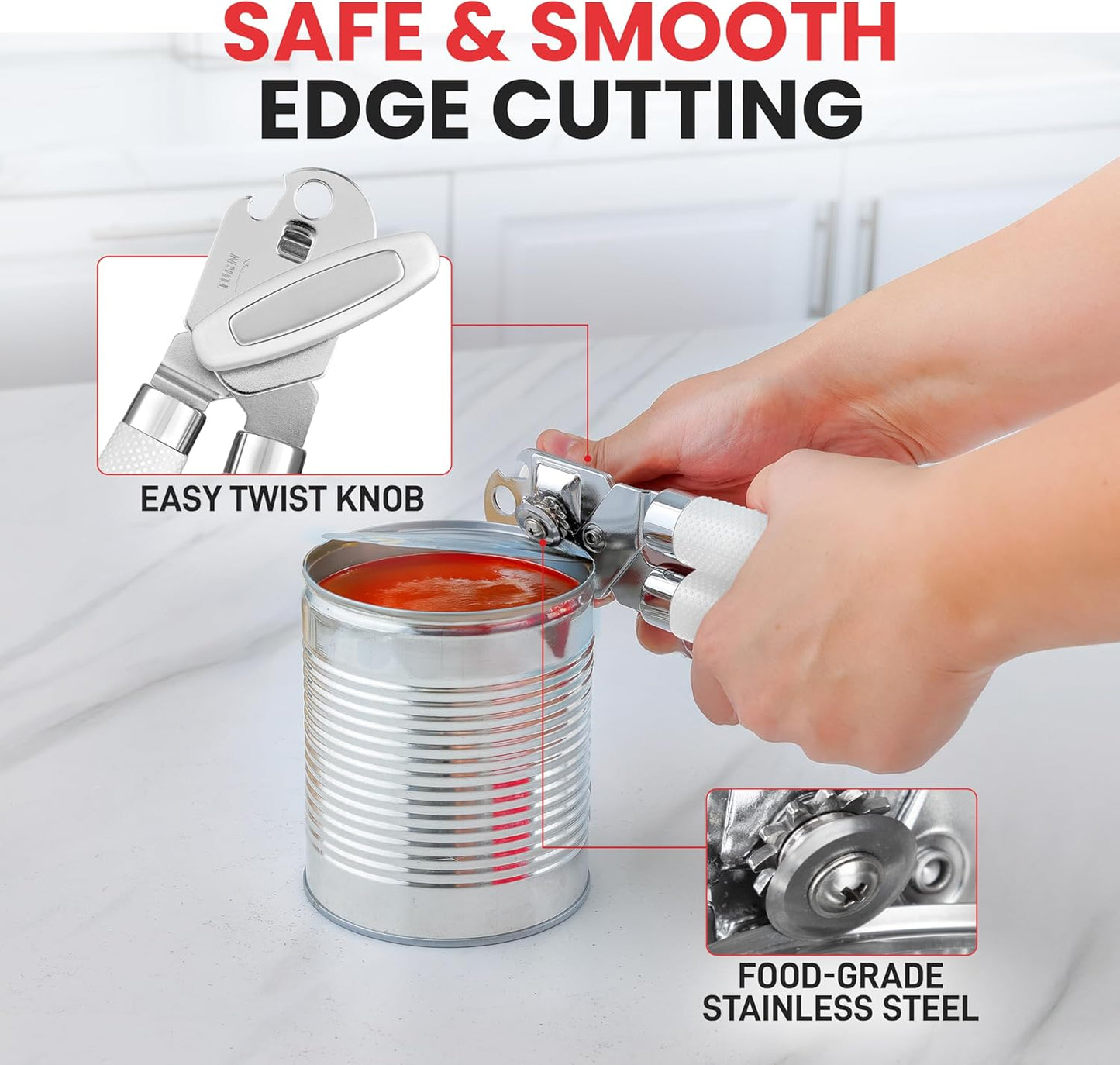 Zulay Kitchen Heavy Duty Stainless Steel Can Opener Manual with Large Bottle Opener - Manual Can Opener with Turn Knob with Soft Grip Handles - White