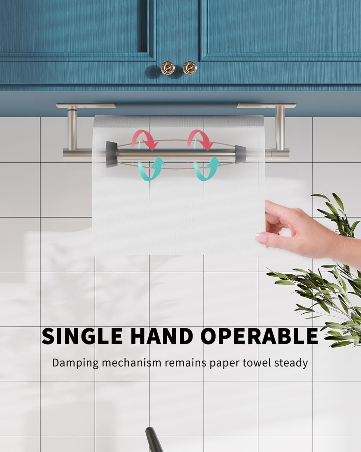 Paper Towel Holder Under Cabinet, Self Adhesive or Wall Mount Hanging Paper Towel Holder with Damping Effect, Single Hand Operable, Stainless Steel for Kitchen Bathroom (Silver)