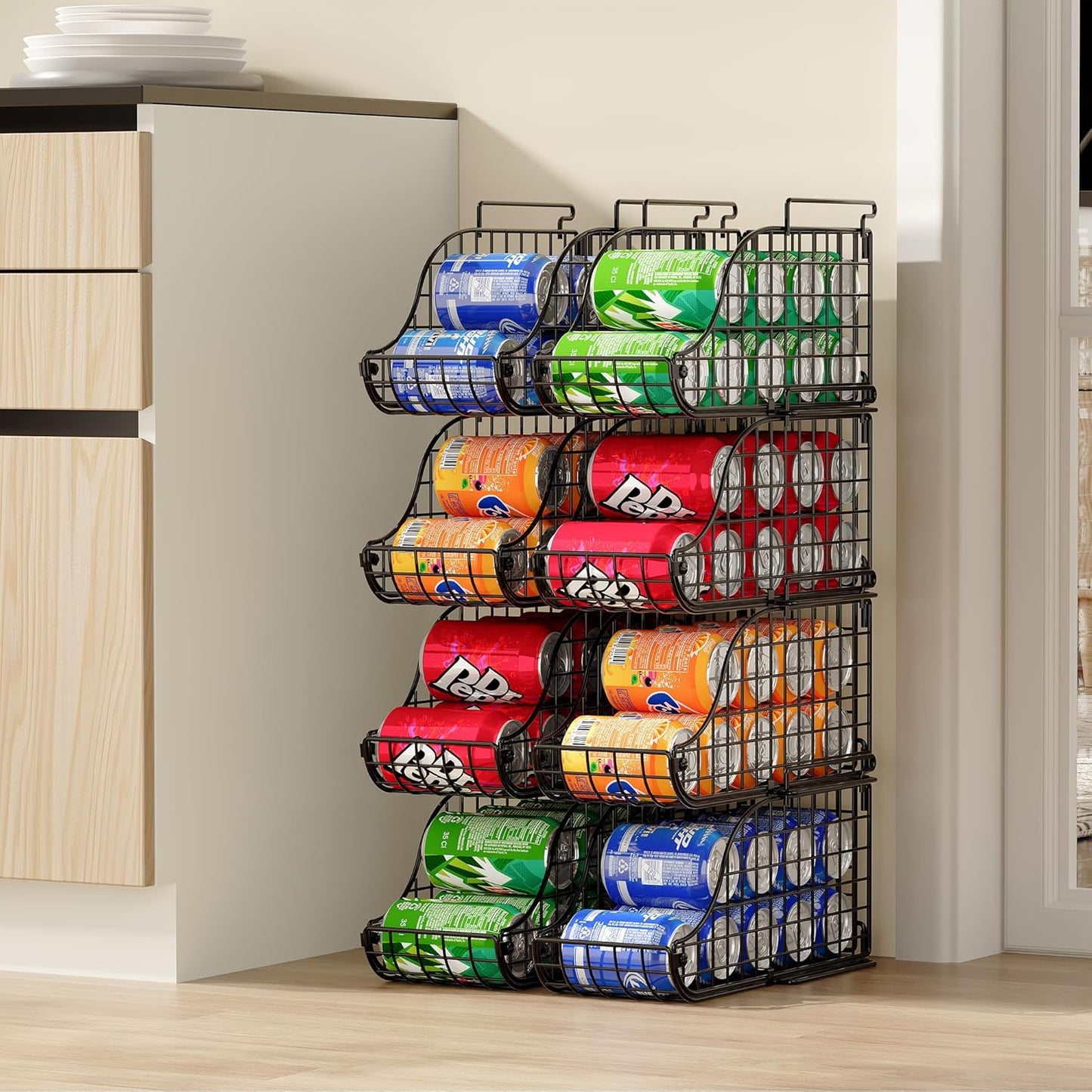 4-Pack Stackable Canned Food Organizer with Handles for Kitchen, Soda Can Organizer for Pantry Shelves, Wire Cabinet Shelf for Can Storage, Foldable Soda Dispenser, Patent Pending, Black