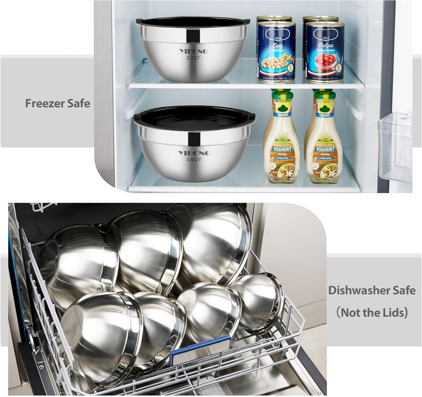 YIHONG 7 Piece Metal Mixing Bowls with Lids for Kitchen, Stainless Steel Set Ideal for Baking, Prepping, Cooking and Serving Food, Nesting Design for Space Saving Storage(Black)