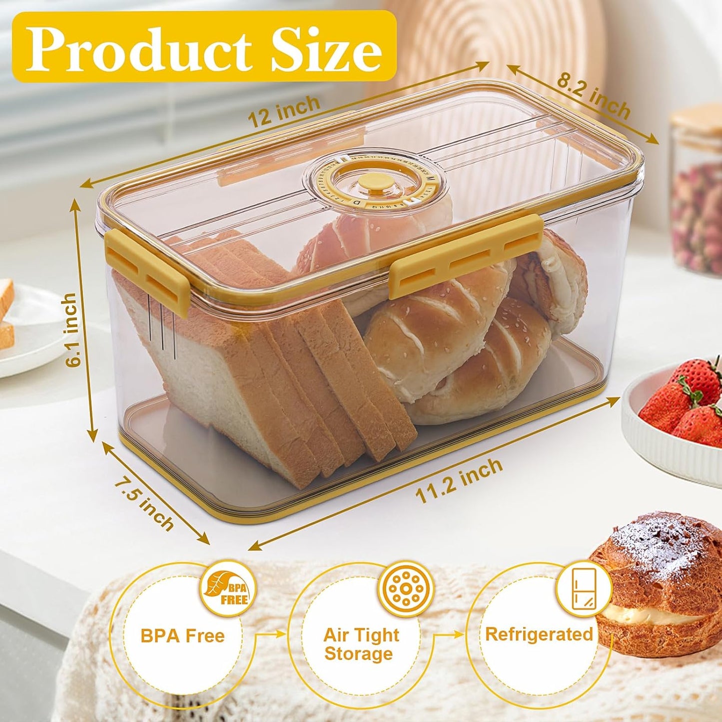 Bread Box for Homemade Bread Boxes for Kitchen Counter Airtight, Time Recording Bread Storage Container with Lid, Bread Containers Storage Airtight Loaf Bread Keeper, Large, Yellow
