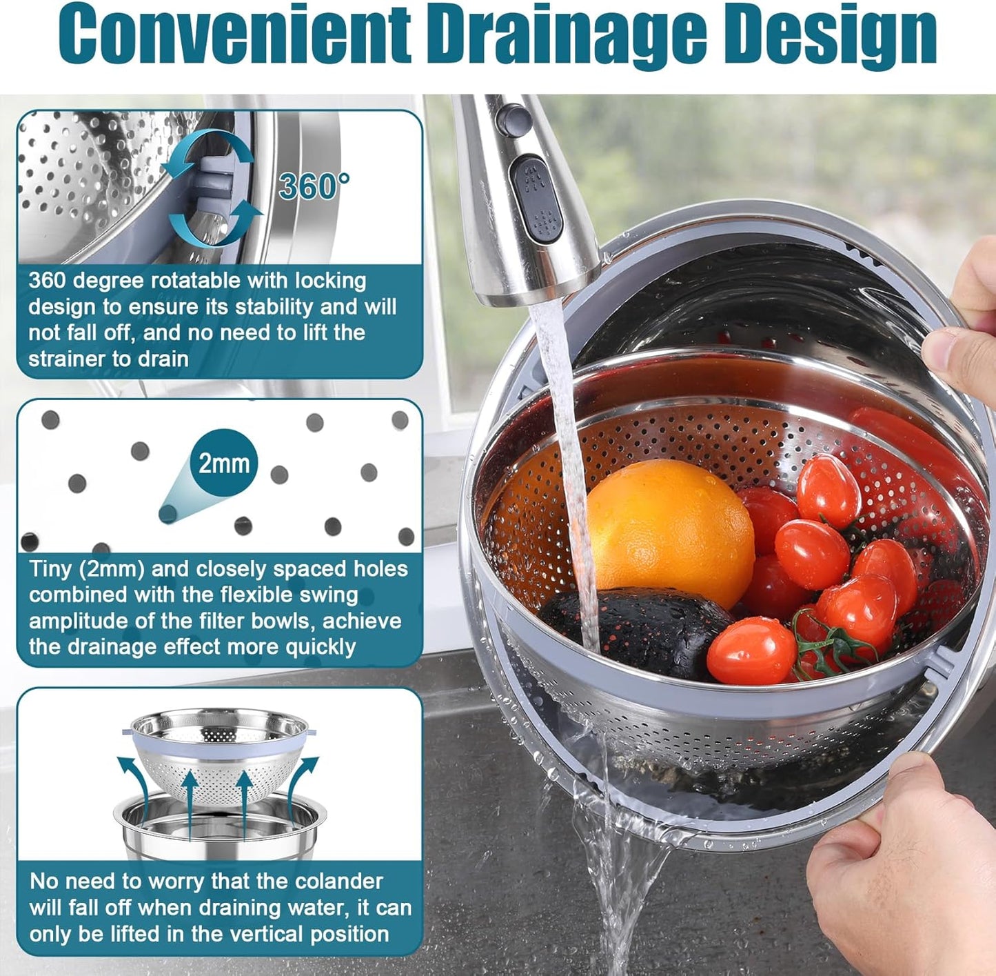 TeamFar Mixing Bowls with Colander Set, Stainless Steel Strainer and Nesting Salad Bowls, with Lids & 3 Graters, Non-Slip Bottom & Visible Lid, Rotatable & Dishwasher Safe, 4.6/3/1.5 QT, Blue