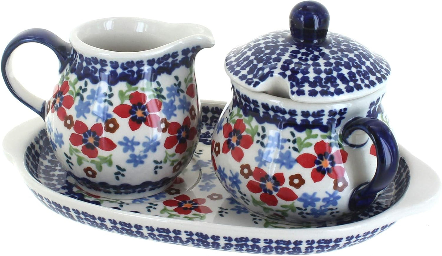 Blue Rose Polish Pottery Red Poppy Sugar & Creamer with Tray