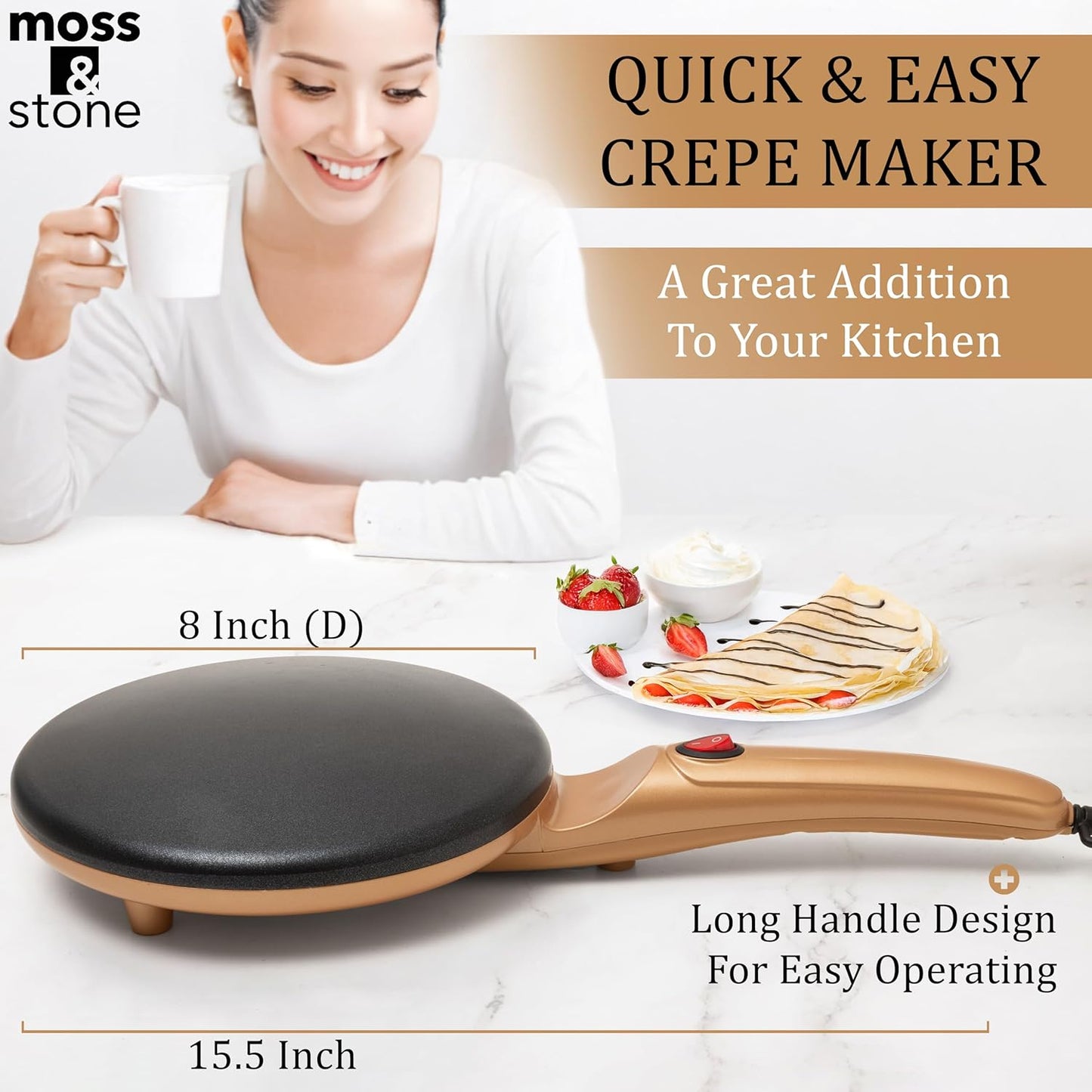Moss & Stone Gold Electric Crepe Maker 8 Inch, Portable Crepe Maker & Hot Plate Cooktop On/Off Switch, Nonstick Coating, Automatic Temperature Control, Easy To Use For Pancakes, Blintz