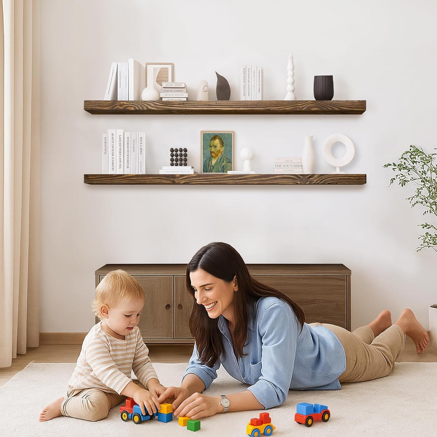 Floating Shelves 72 inch Long 8 "deep Set of 2, Heavy Duty Wood Wall Mounted Shelves for Bathroom Living Room Kitchen,Book Shelves with Thickened Hidden Bracket-Distressed Walnut