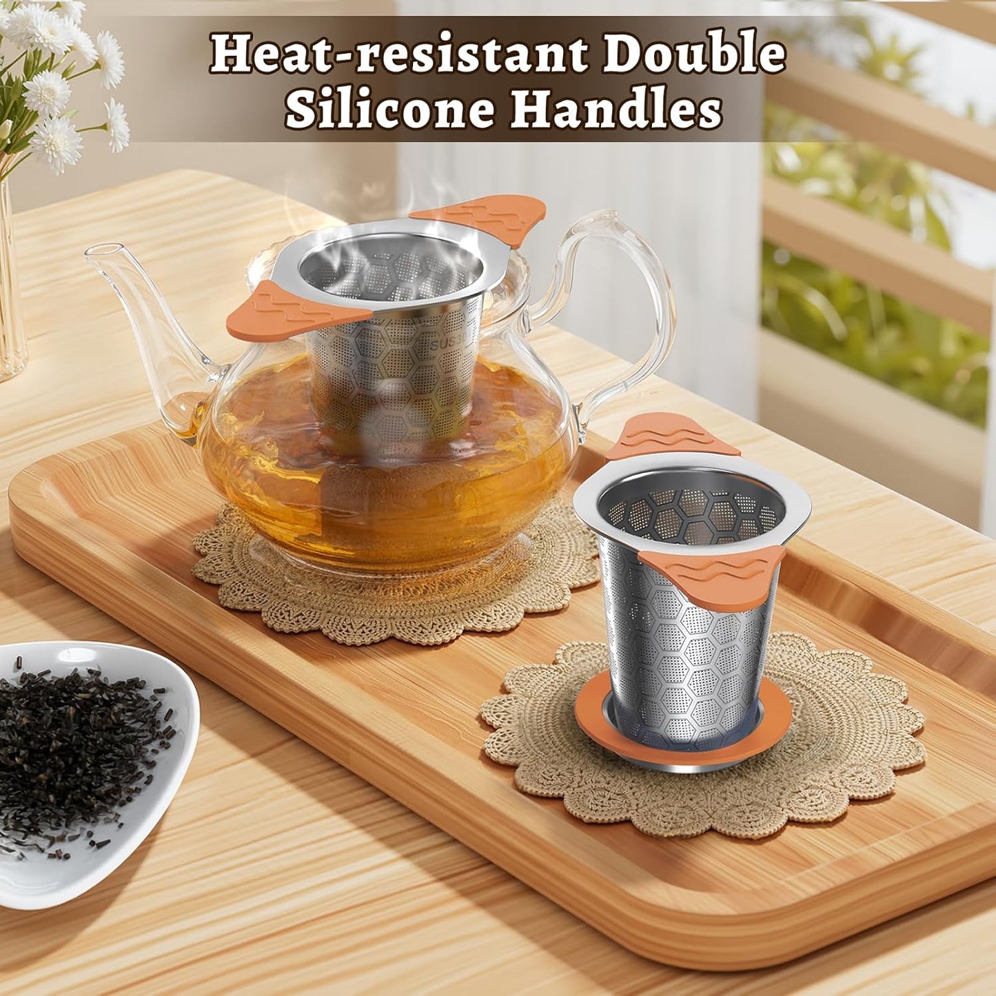 Tea Infuser for Loose Leaf Tea,18/8 Stainless Steel Tea Infuser with Heat Proof Silicone Handles,Extra Fine Mesh Tea Strainers Filter Fine Tea Leaves Effectively,Fits TeaPots/Mugs-Orange