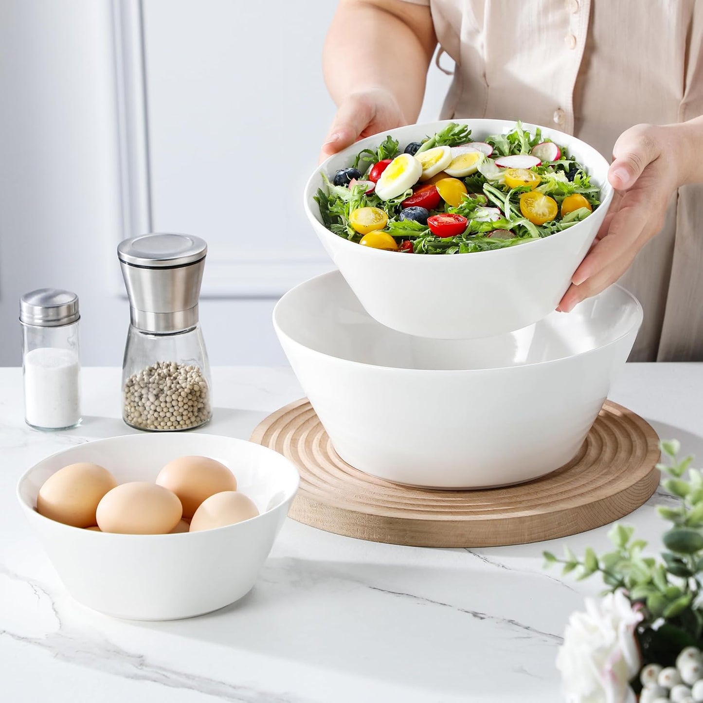 MALACASA Serving Bowls, Ceramic Mixing Bowls for Kitchen, 105/60/35 OZ White Bowls Set of 3, Microwave and Dishwasher Safe, Series Regular