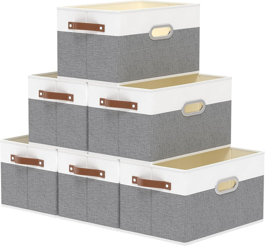 Yawinhe Fabric Storage Bins with Handles, Foldable Baskets for Shelves, Cubes with 3 Handles, Large Boxes for Clothes, White/Grey, 16.9''Lx11.8''Wx10.2''H, 6-Pack