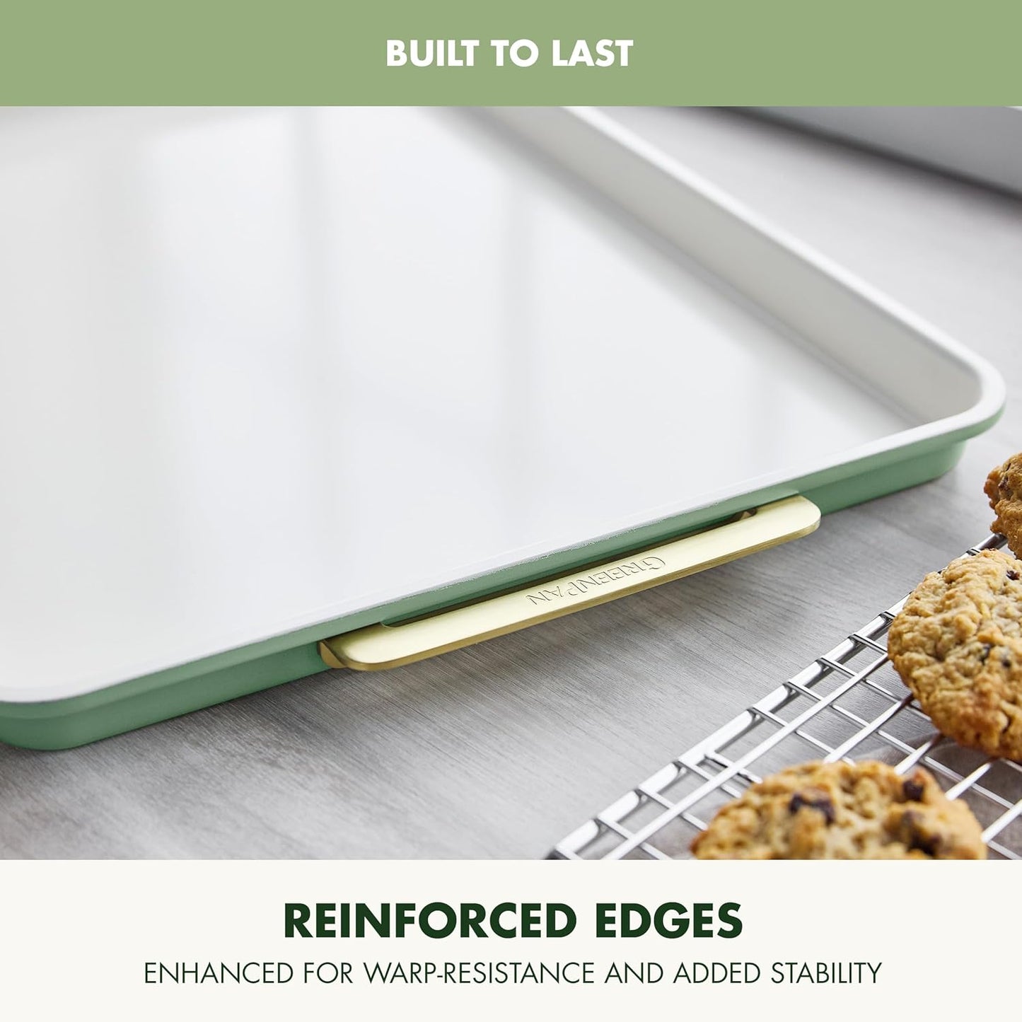 GreenPan Bakeware 13" x 9" Quarter Sheet Pan, Ceramic Nonstick Baking Pan, PFAS & BPA Free, Gold Handles, Durable Steel, Versatile & Space Saving Ovenware, Freezer to Oven Dish, Sage Green