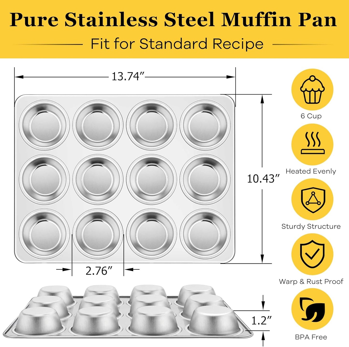 Homikit 2 Pack Muffin Pan, Stainless Steel Cupcake Tin with 12 Cups Regular Size, 13.8" x 10.4" Nonstick Metal Egg Bites Tray for Oven Baking, Non Toxic & Rust Free, Easy Release & Dishwasher Safe