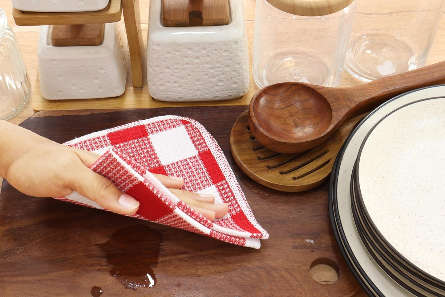 PurpleEssences Waffle Weave Plaid Dish Cloths, 100% Cotton - 12 x 12 Inches, Ultra Soft Absorbent Quick Drying Dish Towels Buffalo Check Dish Rags for Kitchen, 8 Pack - Spring Summer - Red & White