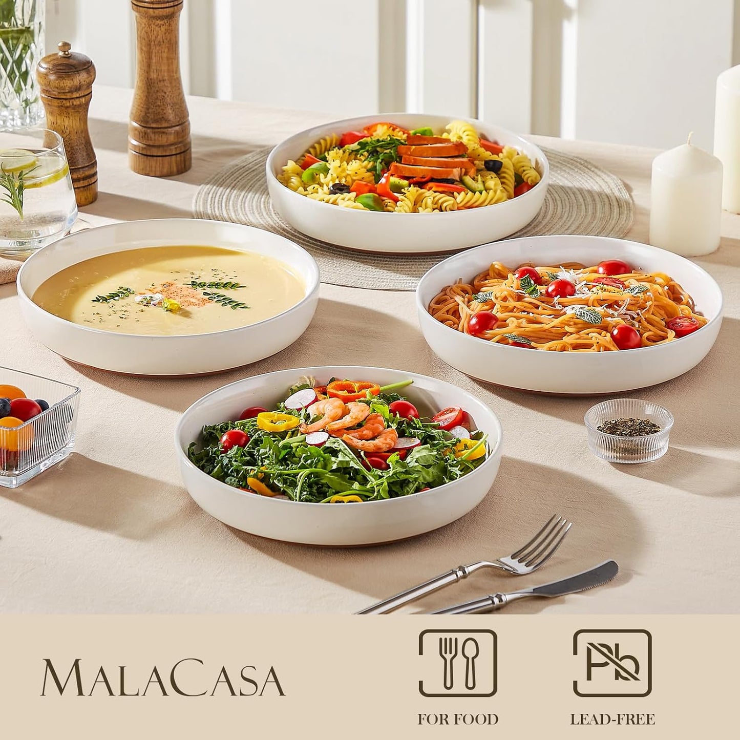 MALACASA 48 OZ Pasta Bowls Set of 4, Large Salad Serving Bowls for Kitchen, Ceramic Soup Bowls Pasta Plates for Dinner, Microwave Dishwasher Safe, Khaki White,Series TARA