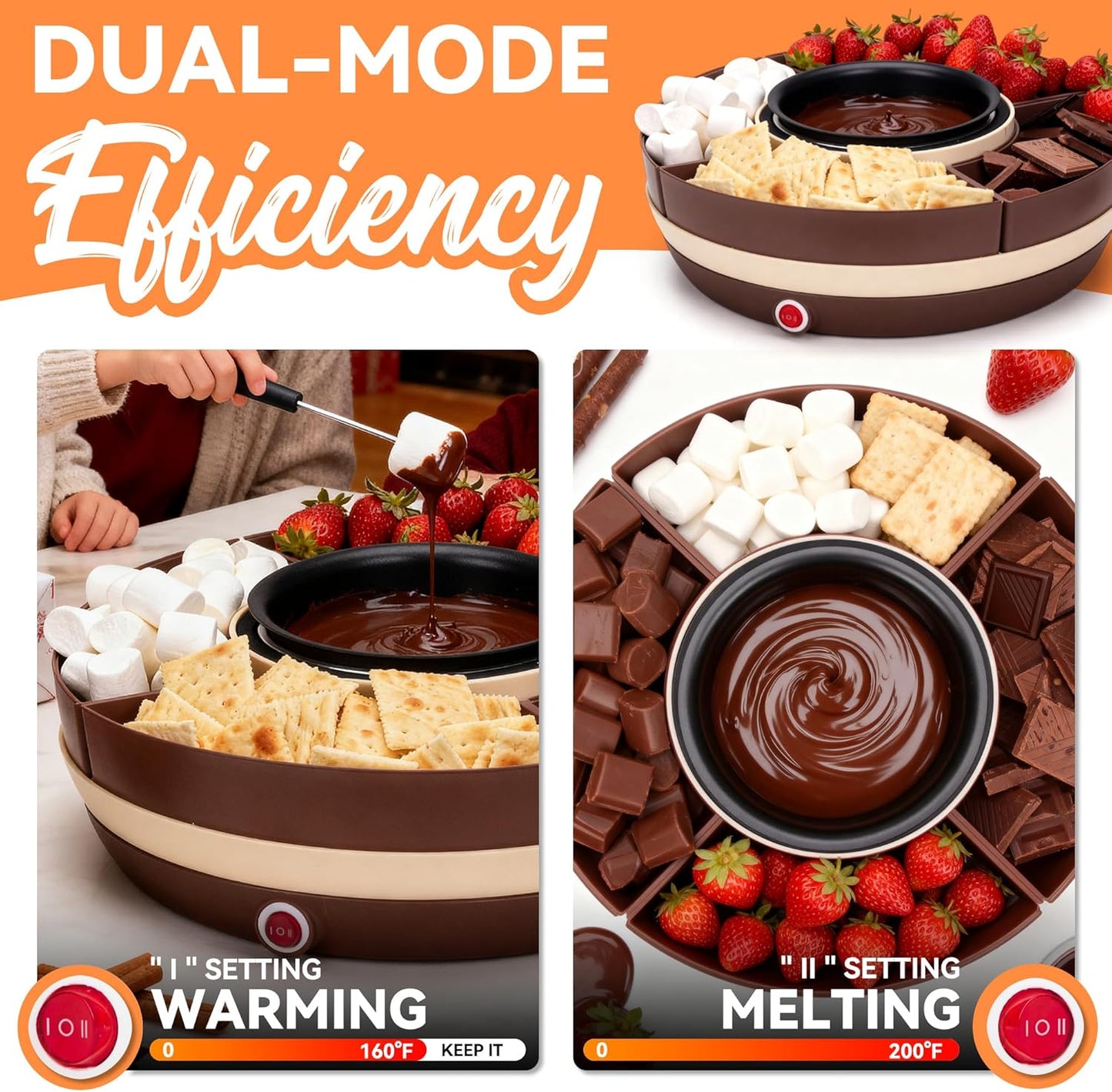 Cheese & Chocolate Fondue Machine, Candy Melting Pot for Party, Electric Fondue Pot Set, Chocolate Warmer, Hot Chocolate Maker, 4-Section Food Tray, Brown
