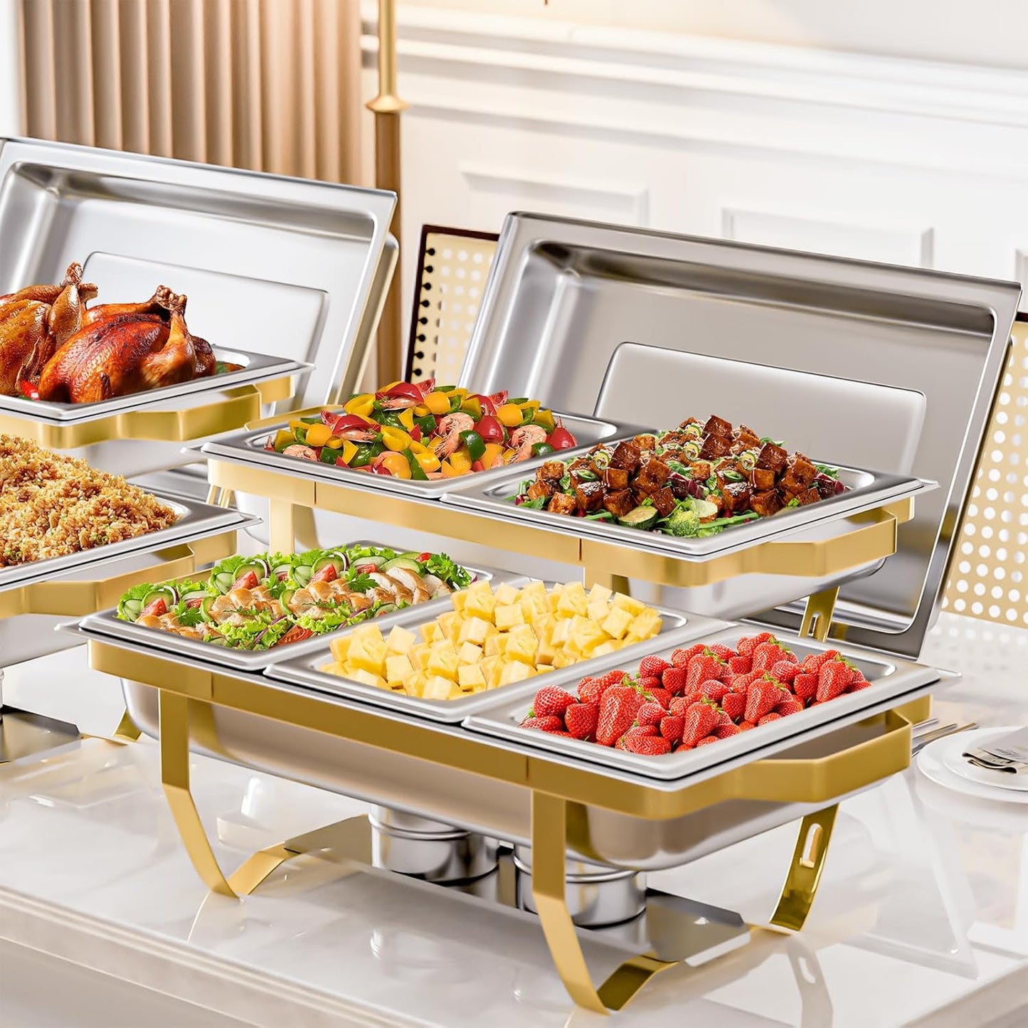 4 Pack Chafing Dish Buffet Set, 8QT Stainless Steel Rectangular Gold Frame Chafers and Buffet Warmer Sets 7 Pans Rolled-Edge Design for Catering Event Party Holiday