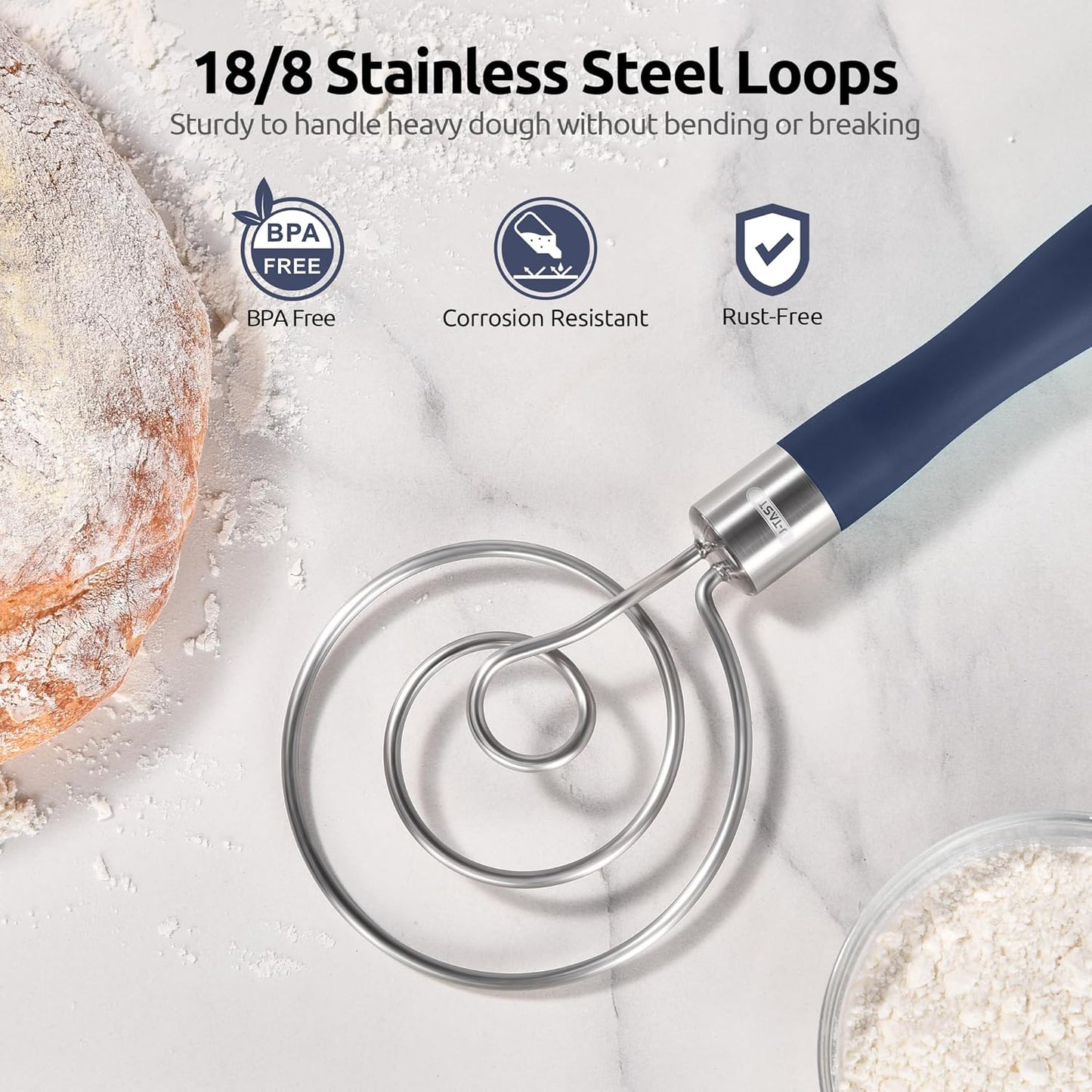 U-Taste 12.6" Danish Dough Whisk: 18/8 Stainless Steel Heavy-Duty Sourdough Mixer Tool, Food Grade Dutch Style Seamless Bread Wisk, Sturdy for Mixing, Stirring, Kneading Thick Batter (Midnight Blue)
