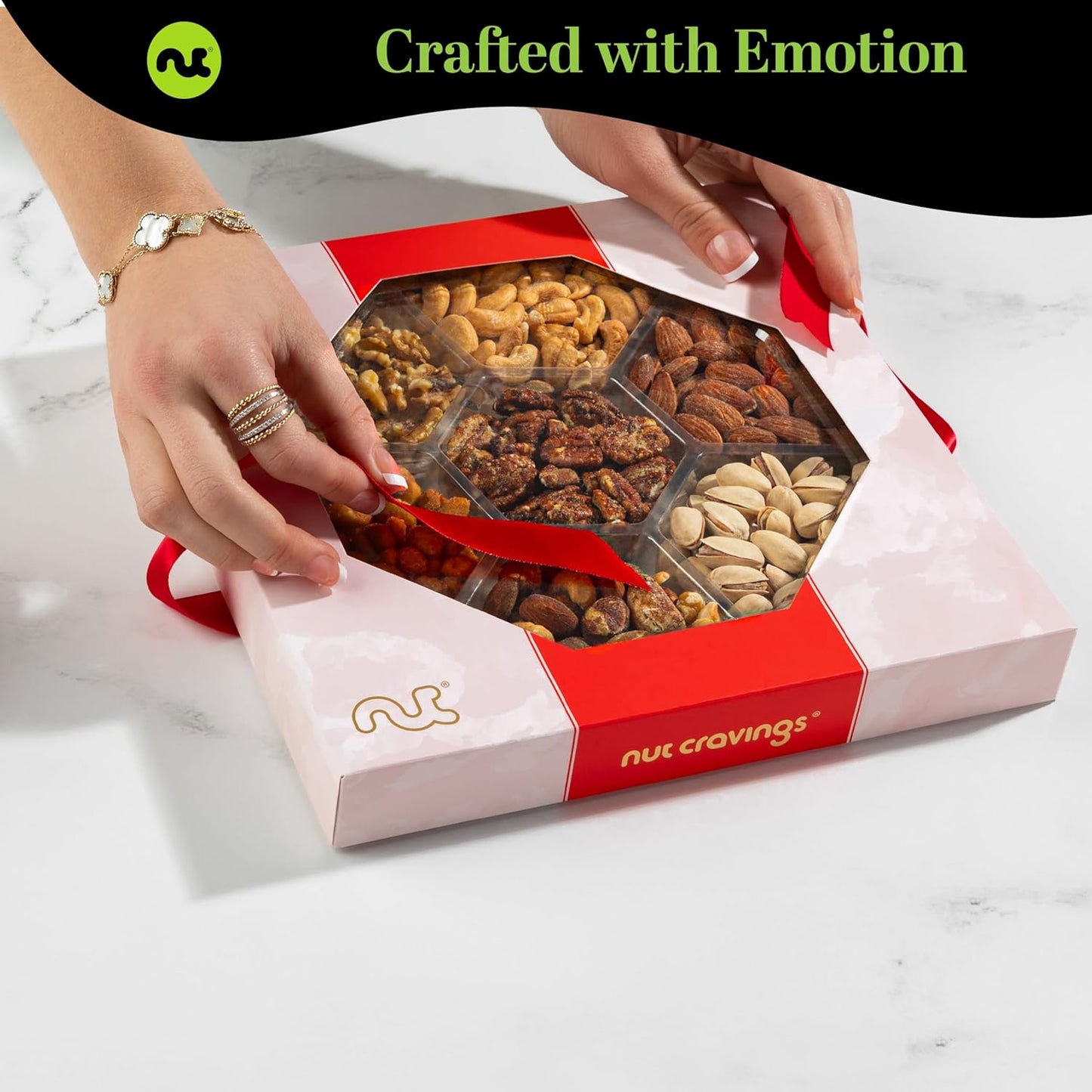 NUT CRAVINGS - Mixed Nuts Gift Basket in Red Gold Box (7 Assortments, 1 LB) Food Arrangement, Healthy Snack Care Package, Food Assortments