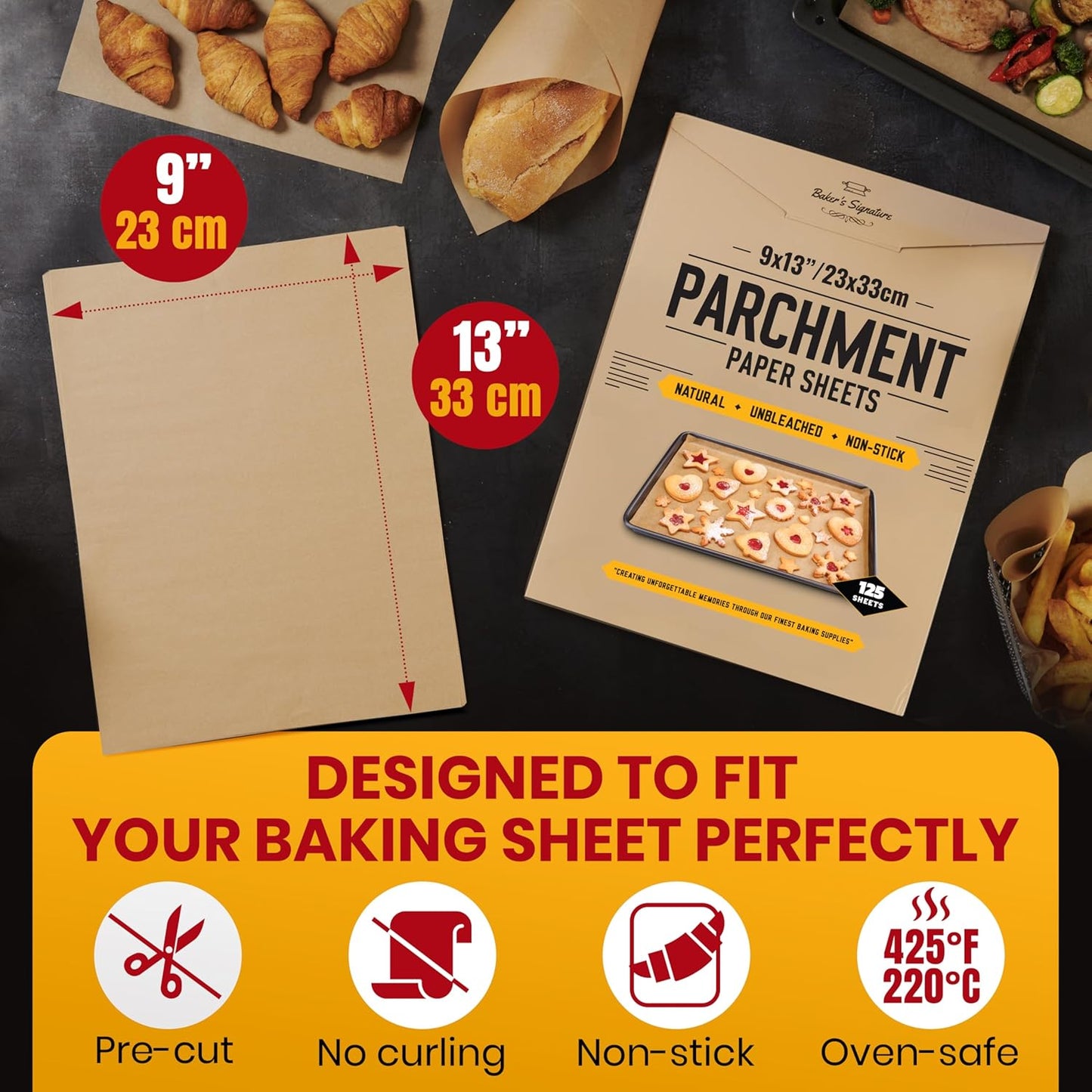 125 Pcs 9x13 Inch Parchment Paper Sheets by Baker's Signature | Parchment Baking Paper, Unbleached Parchment Paper - Perfect for Baking, Precut Non-Stick Sheets, Eco-Friendly, Will Not Curl or Burn