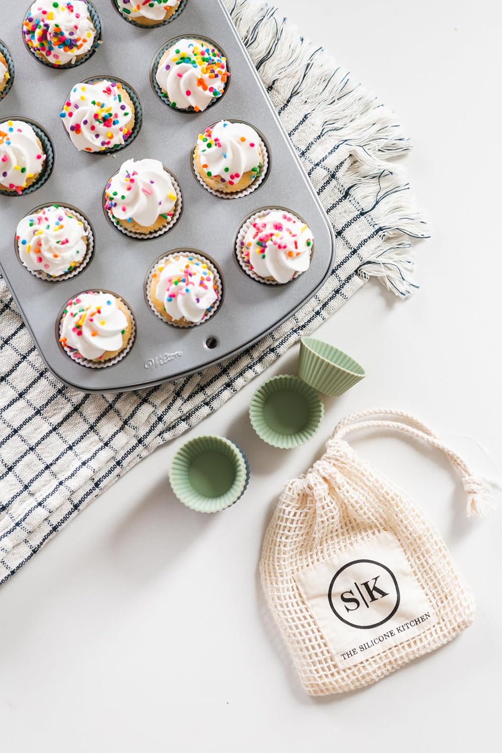 The Silicone Kitchen Starter Set Gift Bundle, 24 Regular, 12 Jumbo, 24 Mini Baking Cups, 2 Half-Sheet, 2 Quarter-Sheet Baking Mats, Blue, Green, White